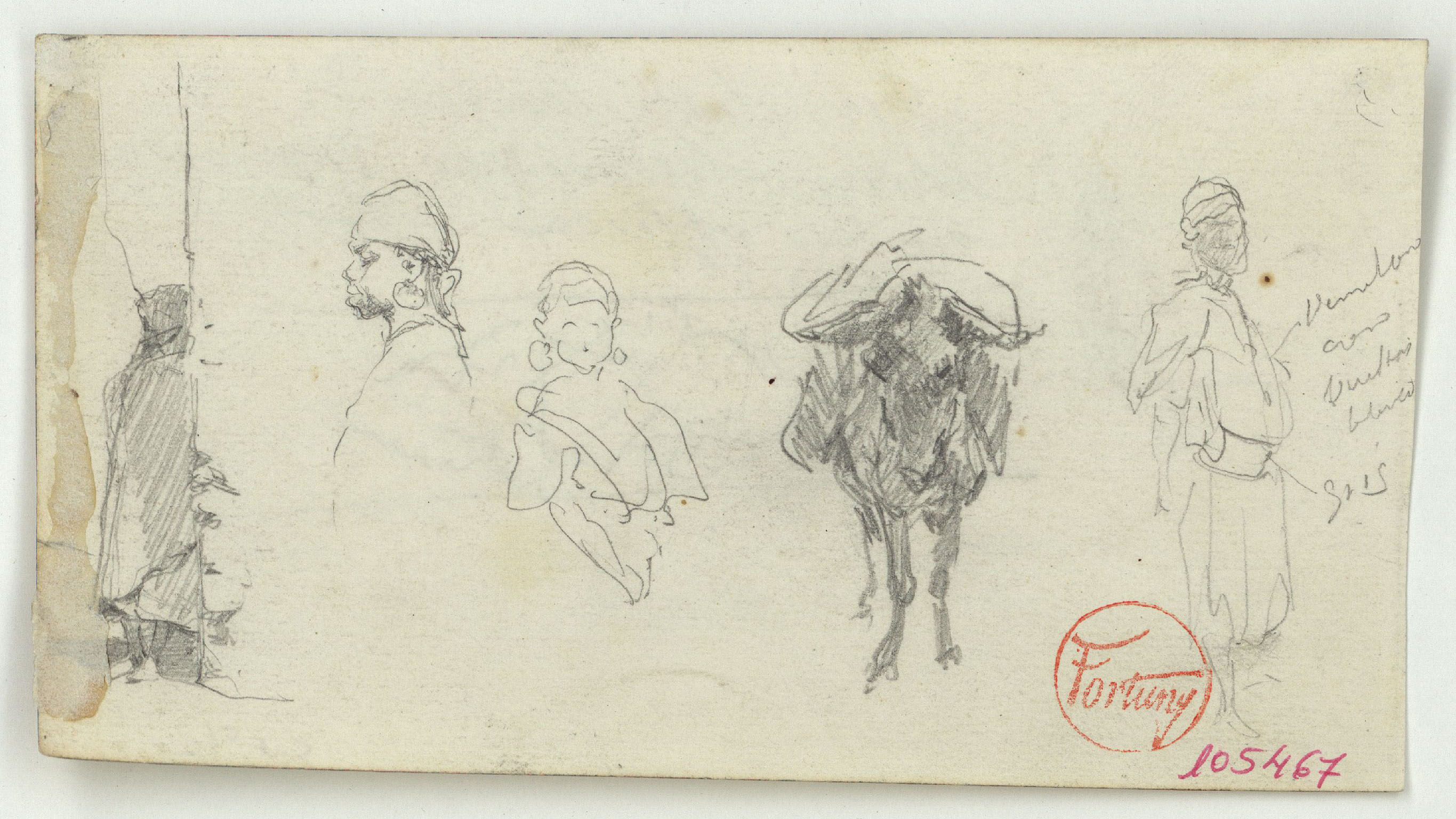 image for: Marià Fortuny - Marroquins i un bou (anvers) / Croquis de figura i motiu ornamental (revers) - Cap a 1860-1862