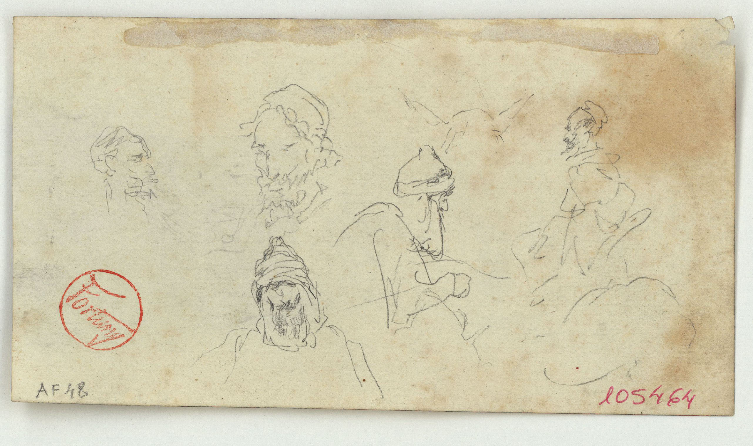 image for: Marià Fortuny - Caps de marroquins (anvers) / Casa marroquina, croquis de figura masculina i croquis inconcret (revers) - Cap a 1860-1862