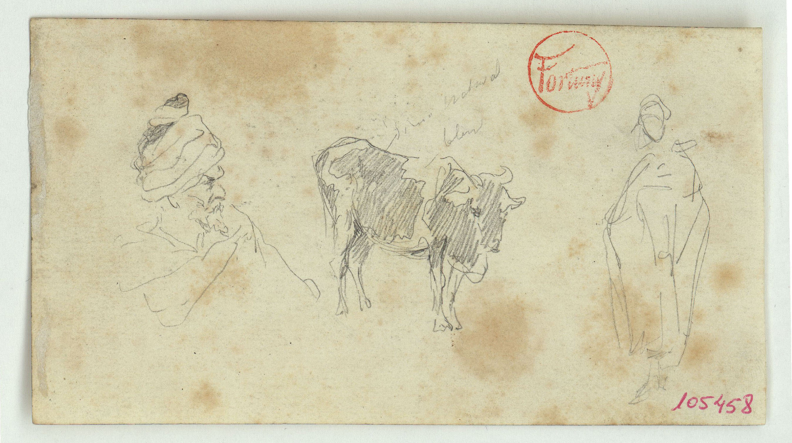 image for: Marià Fortuny - Cap de marroquí, bou i esbós de figura (anvers) / Esbós de marroquins (revers) - Cap a 1860-1862
