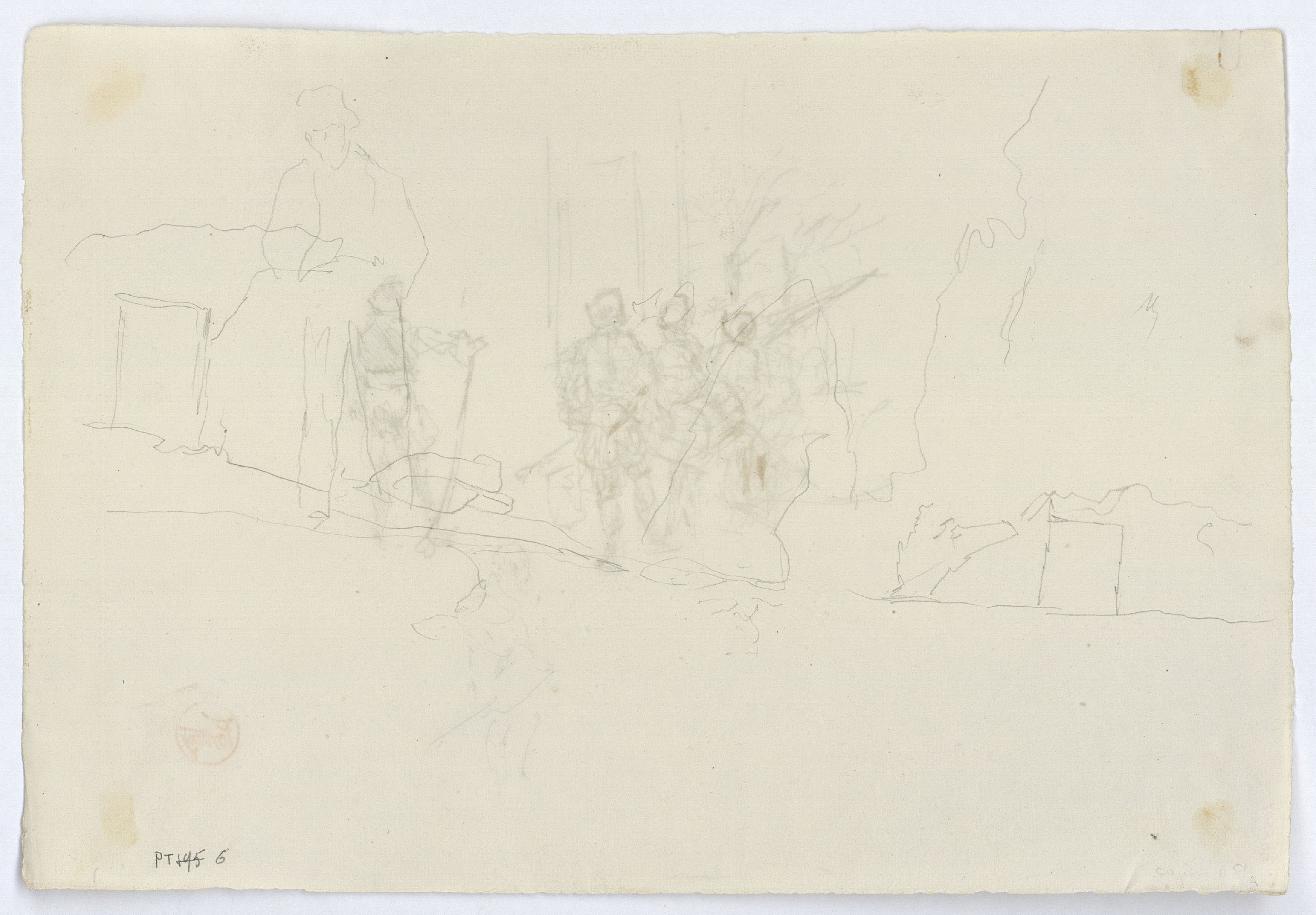 image for: Marià Fortuny - Arcabussers (anvers) / Esbós de figura i croquis inconcrets (revers) - Cap a 1870-1872 [1]
