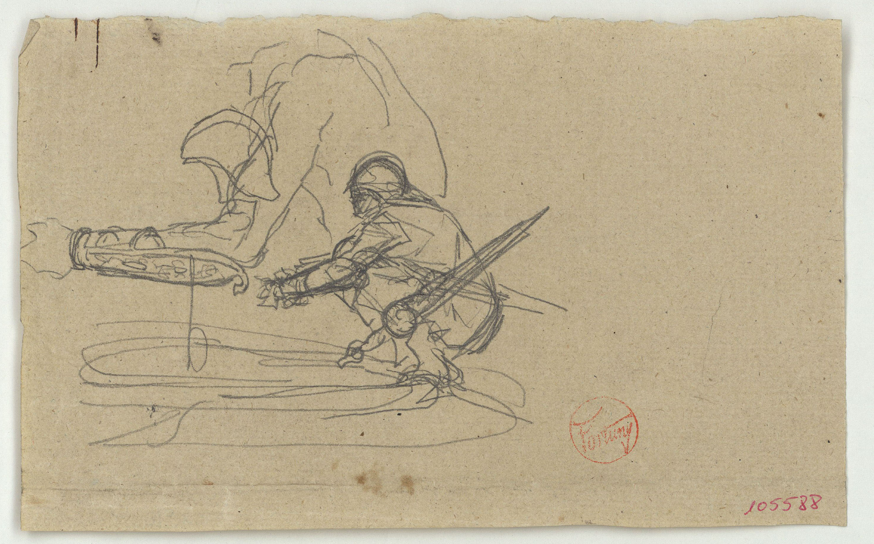 image for: Marià Fortuny - Guerrer a la gatzoneta i detall (anvers) / Esbós de paisatge muntanyenc (revers) - Cap a 1870-1872