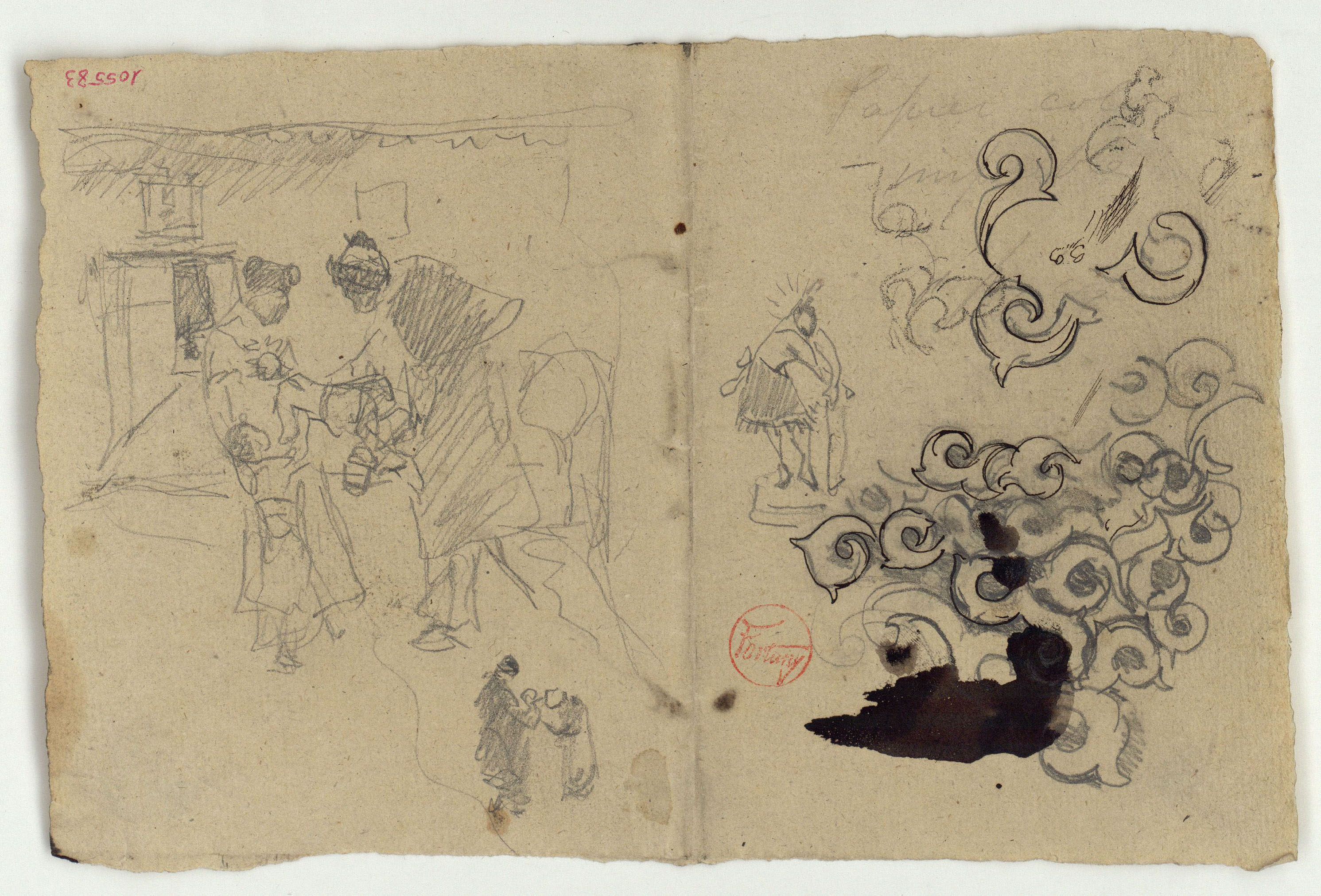 image for: Marià Fortuny - Figures en un interior, Crist a la columna i motiu ornamental (anvers) / Croquis inconcret (revers) - Cap a 1867-1872