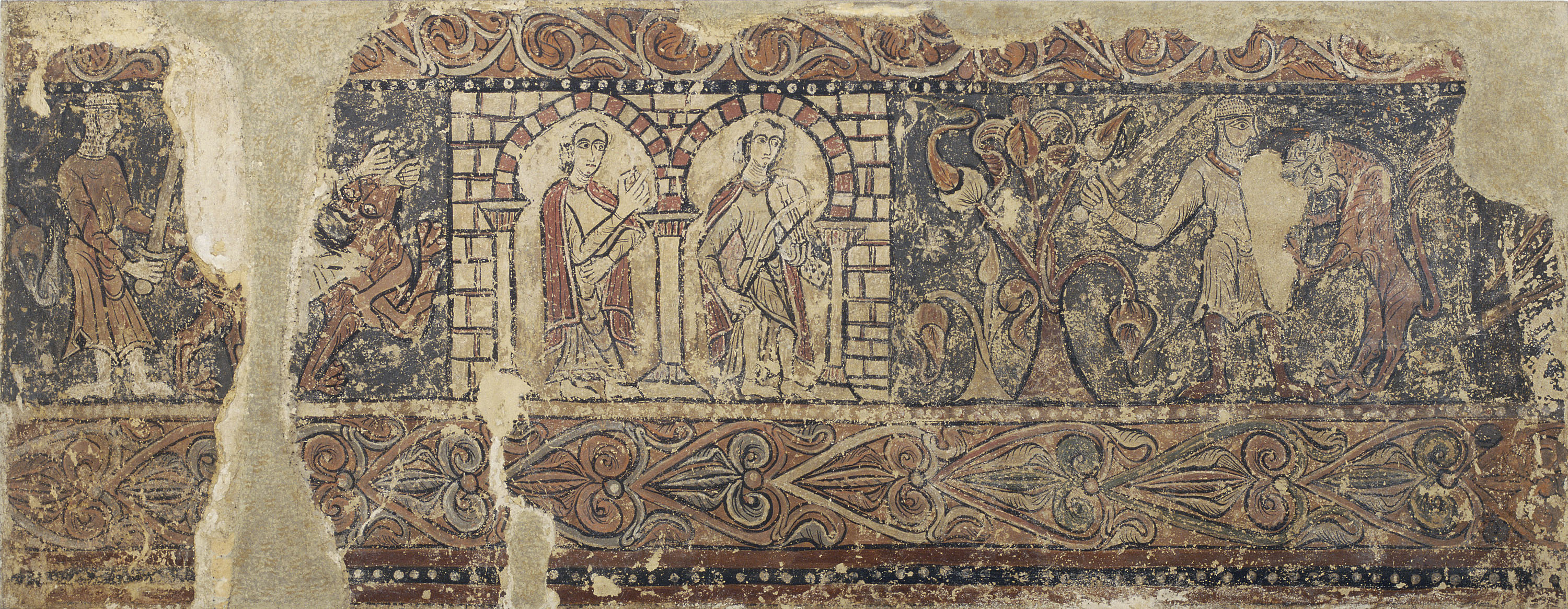 image for: Anònim. Aragó - Dama i joglar en un palau i lleó atacant un soldat, pintures profanes de Sixena - Cap a 1200