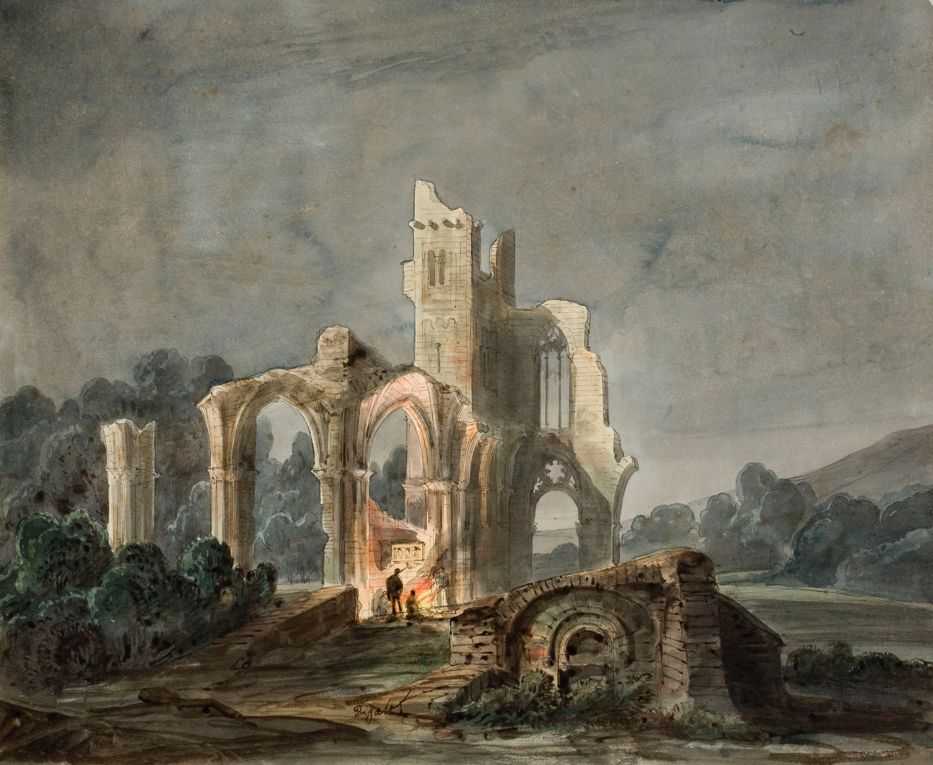 image for: Lluís Rigalt - Paisatge nocturn amb ruïnes gòtiques - Cap a 1850