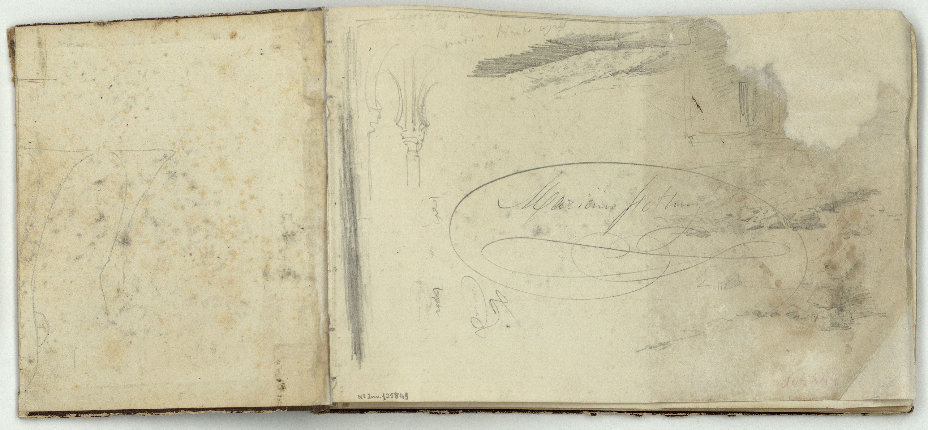 image for: Marià Fortuny - Esbossos arquitectònics i firma de l&#039;artista - Cap a 1862