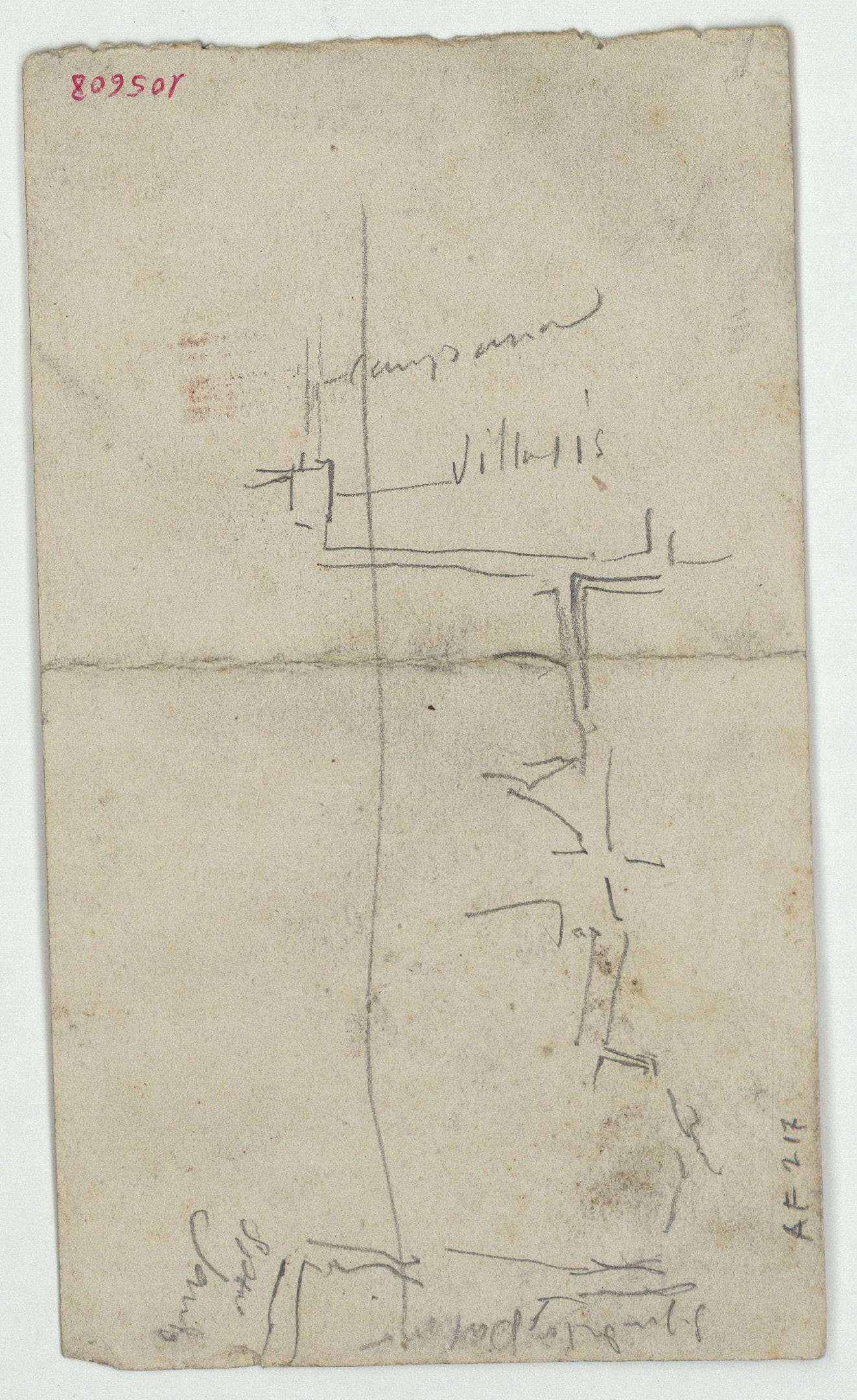 image for: Marià Fortuny - Croquis de figura femenina (anvers) / Plànol (revers) - Cap a 1870-1872 [1]