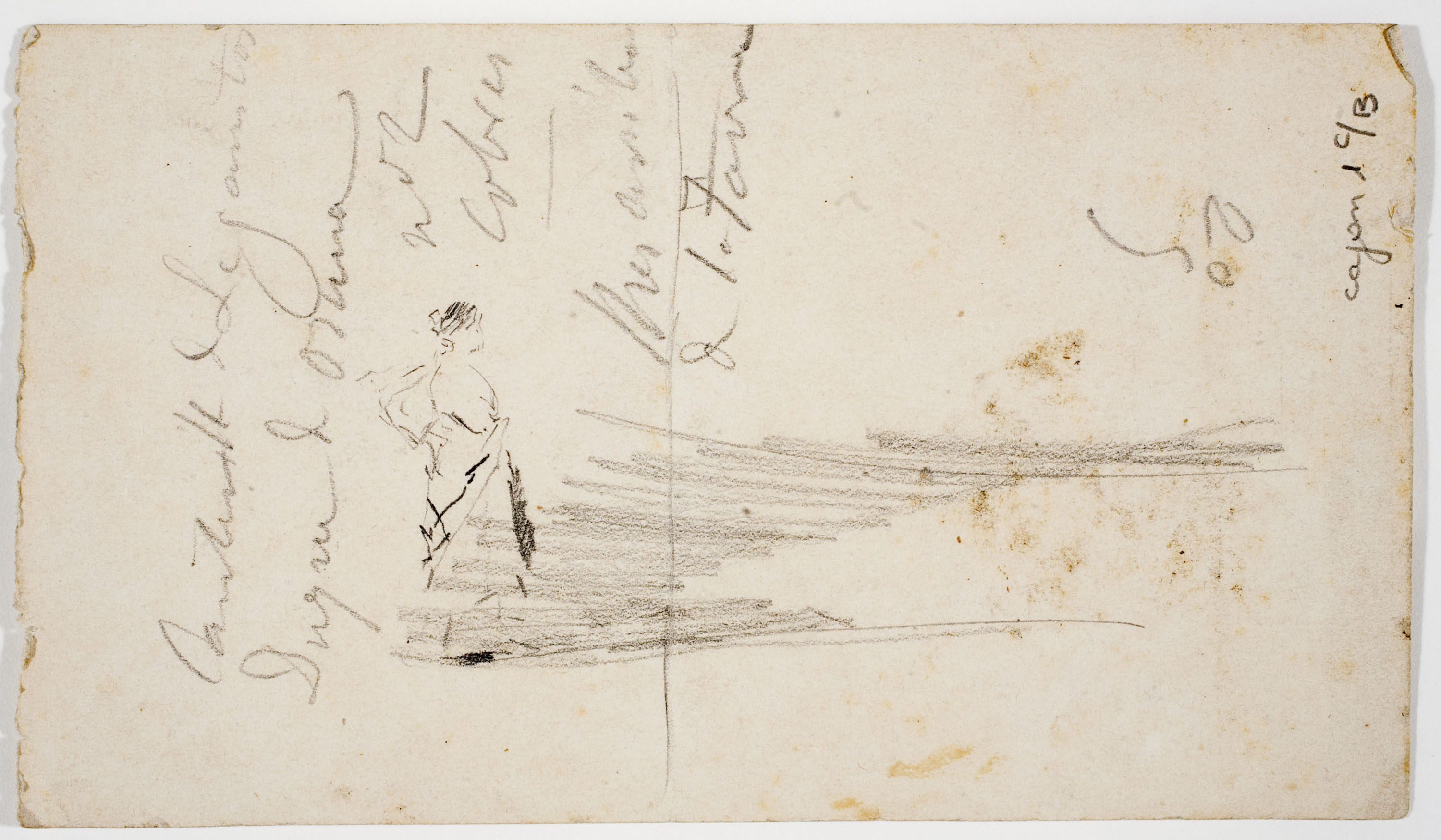 image for: Marià Fortuny - Croquis de figura femenina (anvers) / Plànol (revers) - Cap a 1870-1872