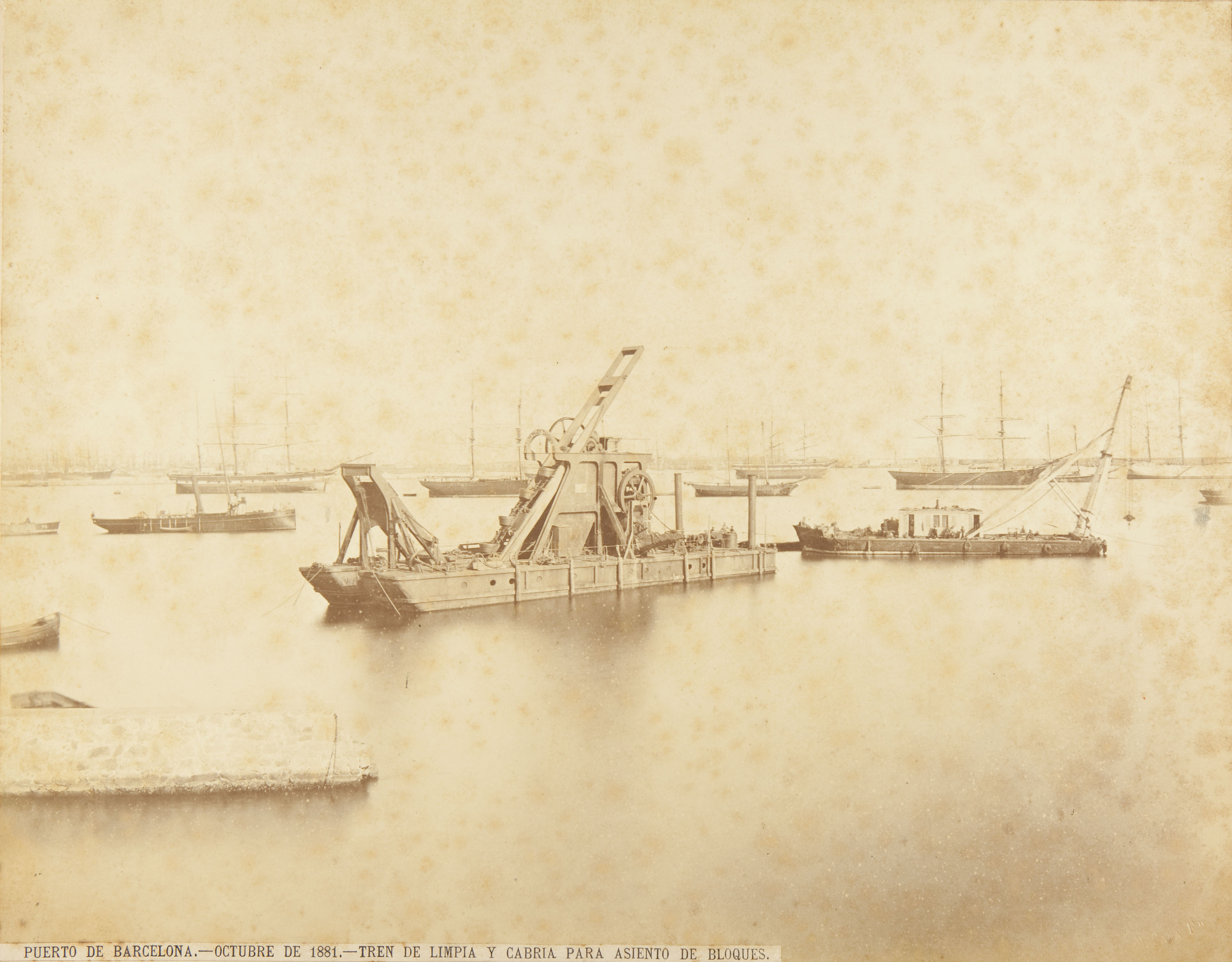 image for: Marc Sala Camarasa - Puerto de Barcelona. Octubre de 1881. Tren de limpia y cabria para asiento de bloques - Octubre de 1881