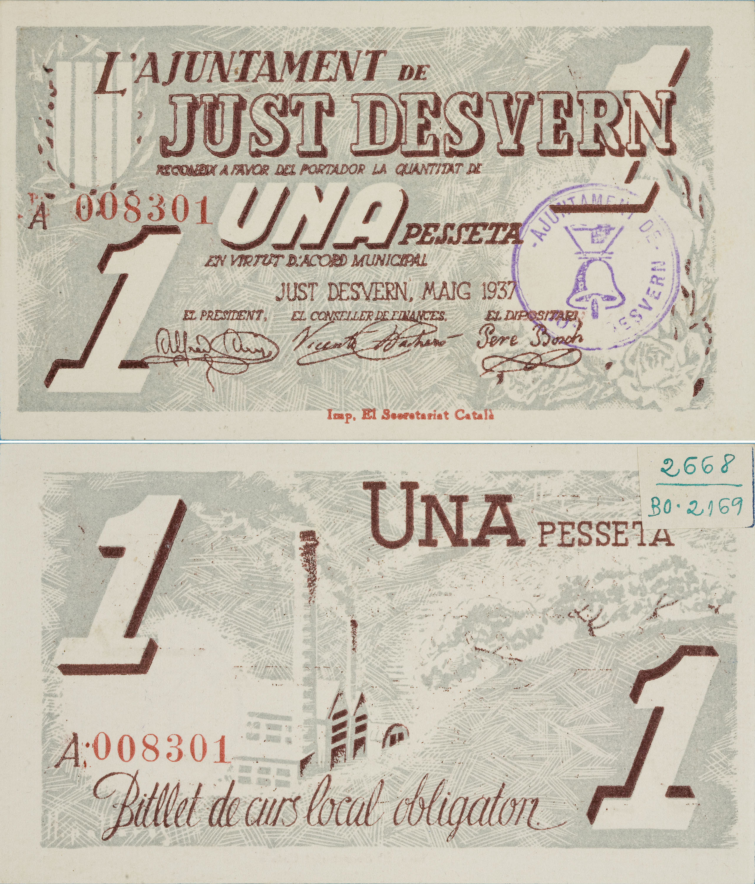 image for: Ajuntament de Just Desvern. Sant Just Desvern - 1 pesseta - Maig 1937