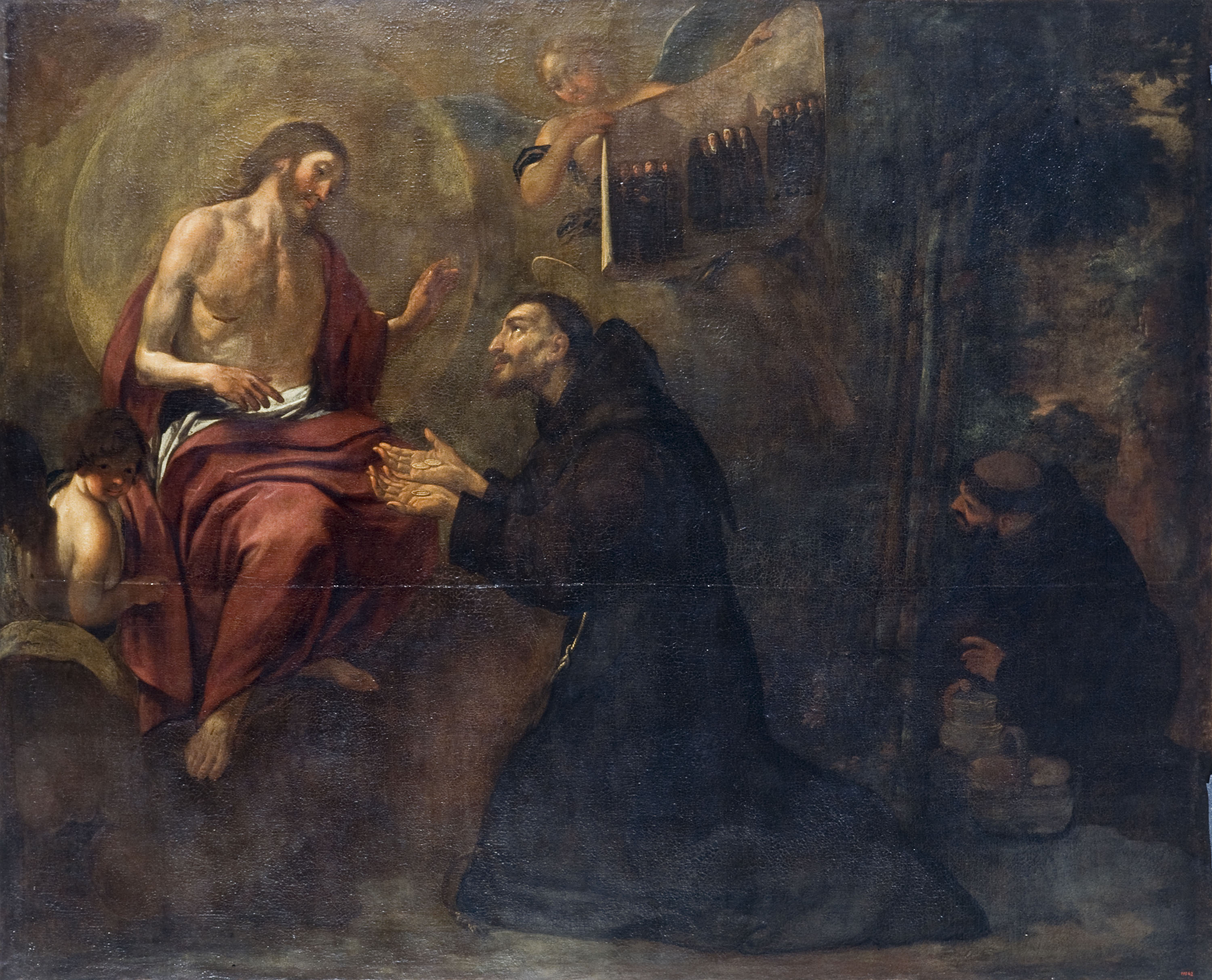 image for: Antoni Viladomat - Sant Francesc dóna tres monedes a Jesús, símbol del triple vot - Cap a 1729-1733