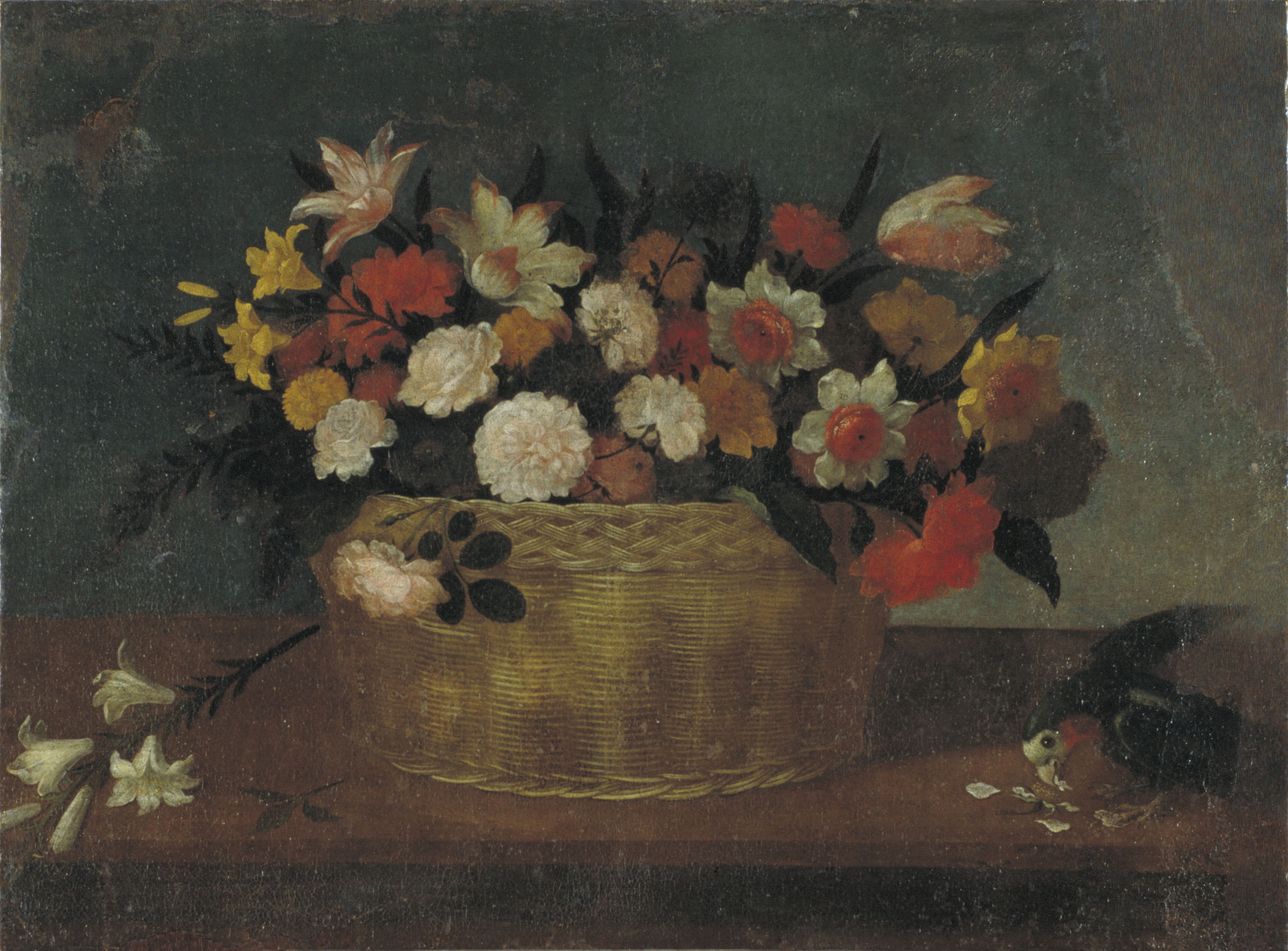 image for: Pedro de Camprobín - Natura morta amb flors dins una panera i ocell exòtic - Cap a 1640