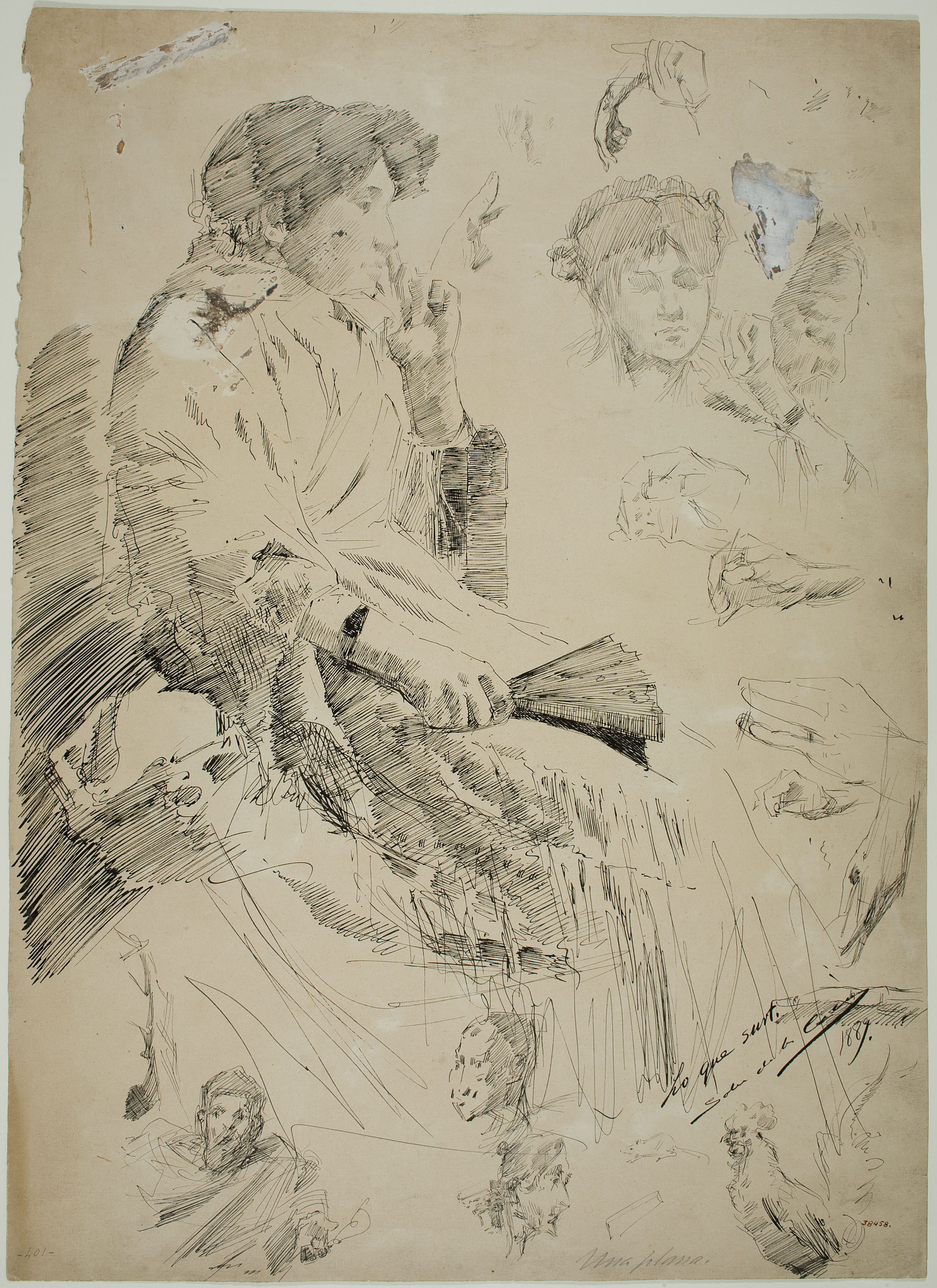image for: Ernest Soler - Figura femenina asseguda i estudi de caps i mans (anvers) / Estudi d&#039;animals i caps (revers) - 1889