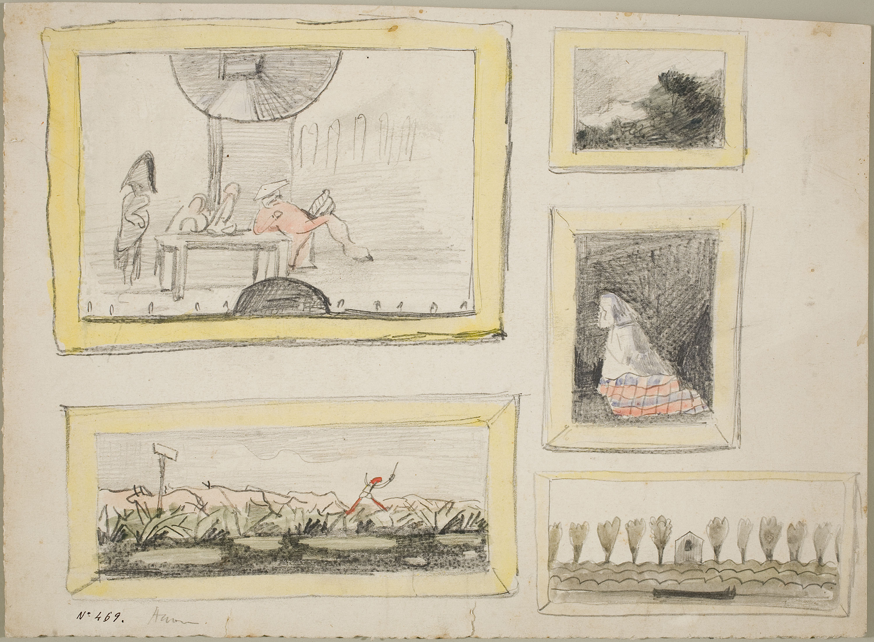 image for: Modest Urgell - Caricatures de quadres (anvers) / Croquis de quadres (revers) - Cap a 1872-1878