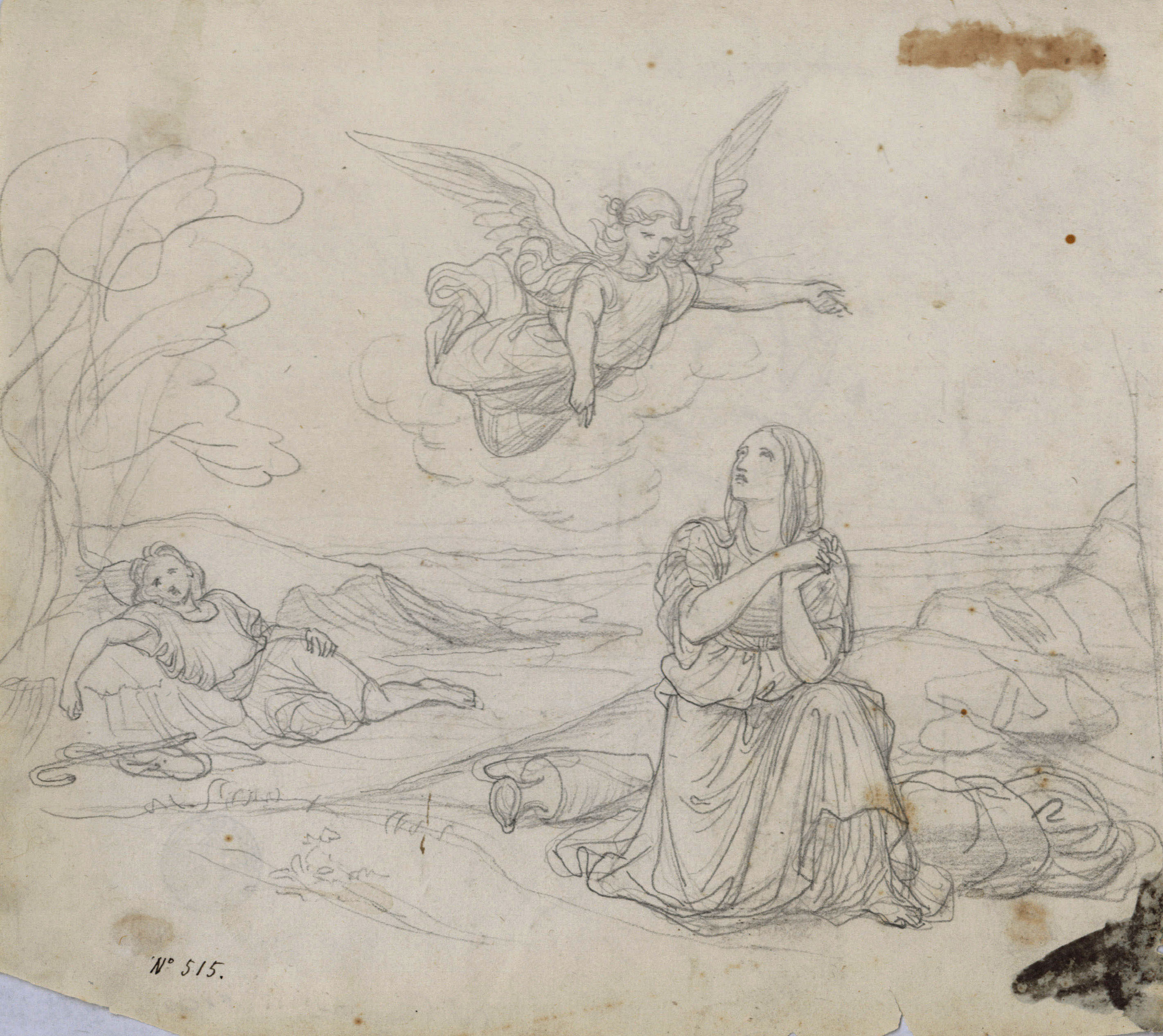 image for: Pelegrí Clavé - Agar i Ismael al desert (anvers) / Apunt de figura (revers) - Segona meitat del segle XIX