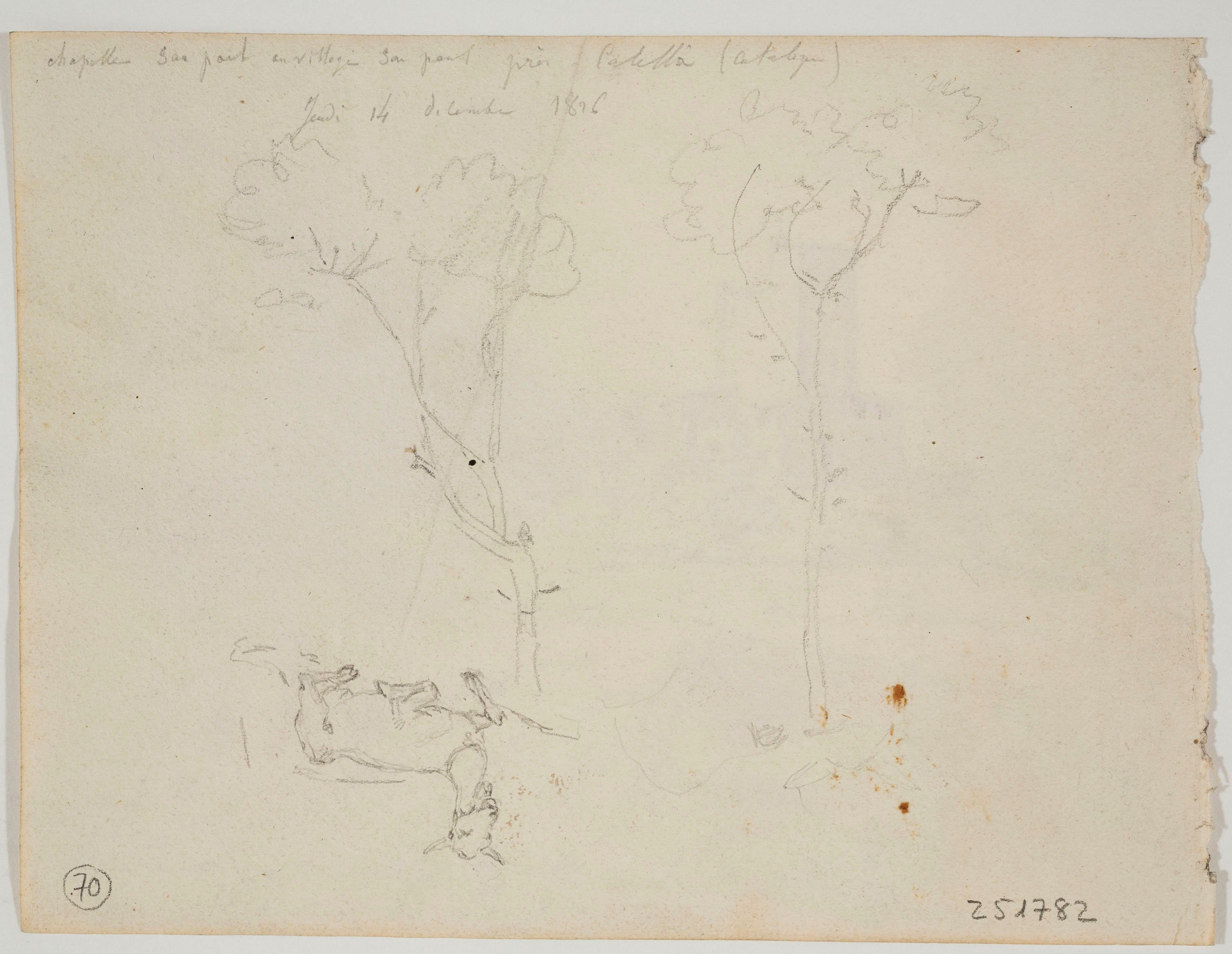 image for: Adolphe Hedwige Alphonse Delamare - Ermita de Sant Pau a Sant Pol de Mar (anvers) / Arbres i ovella (revers) - Dijous 14 de desembre de 1826 [1]