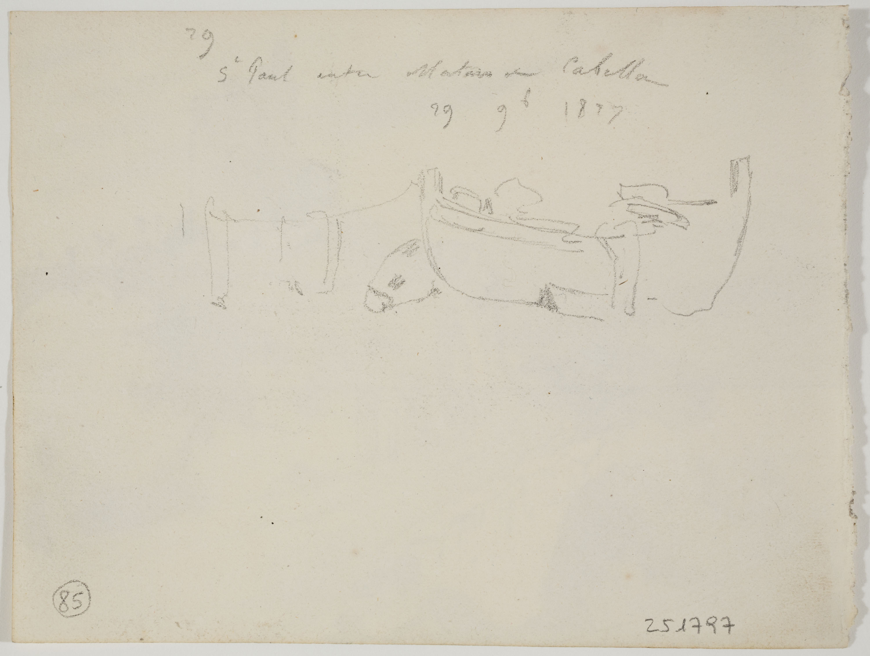 image for: Adolphe Hedwige Alphonse Delamare - Ermita de Sant Pau a Sant Pol de Mar (anvers) / Apunt de barques (revers) - 29 de novembre de 1827 [1]