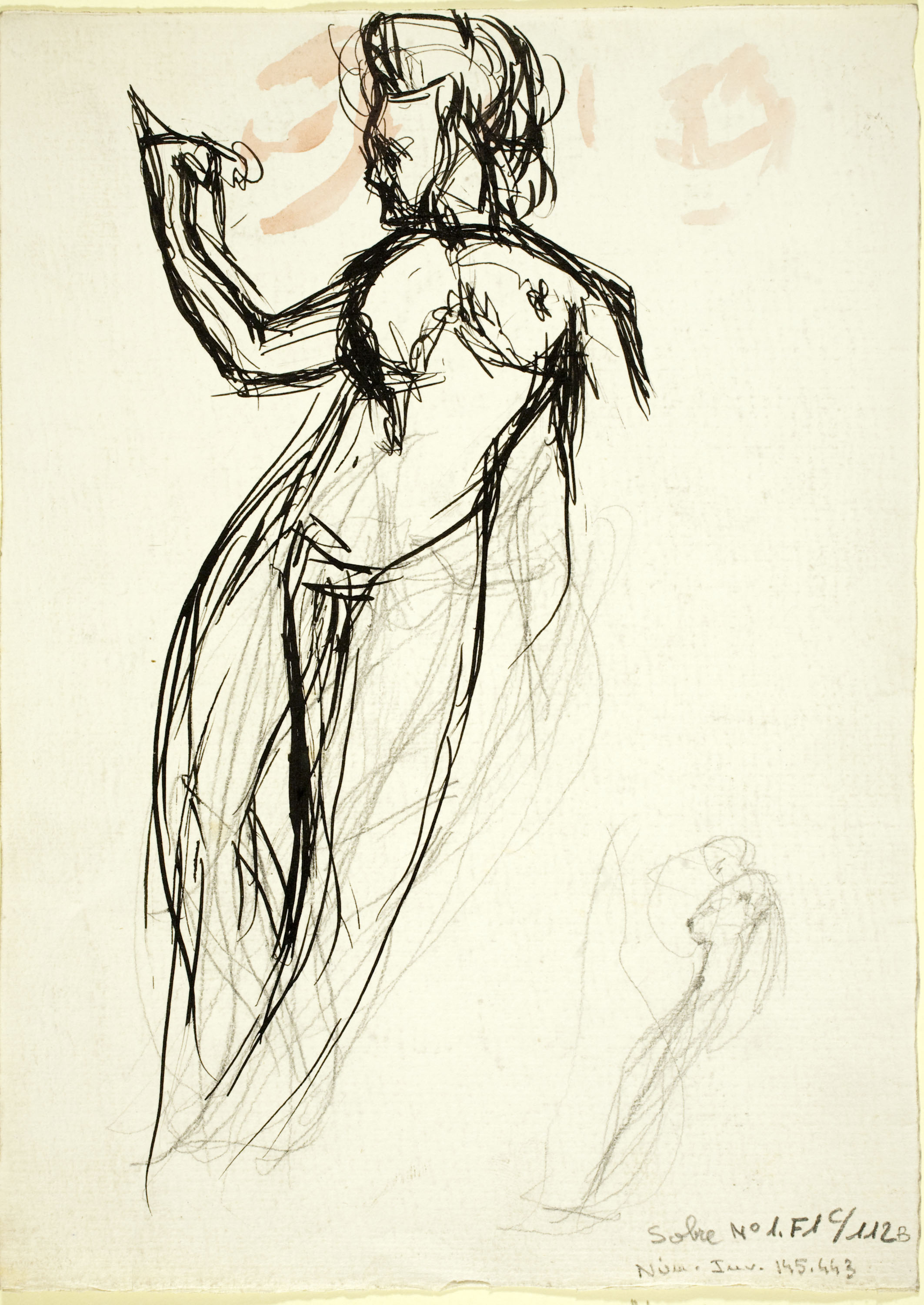 image for: Ismael Smith - Rostres masculins, nu femení, projecte de monument i cistell de fruita (anvers) / Croquis de nu femení (revers) - Cap a 1908-1924 [1]