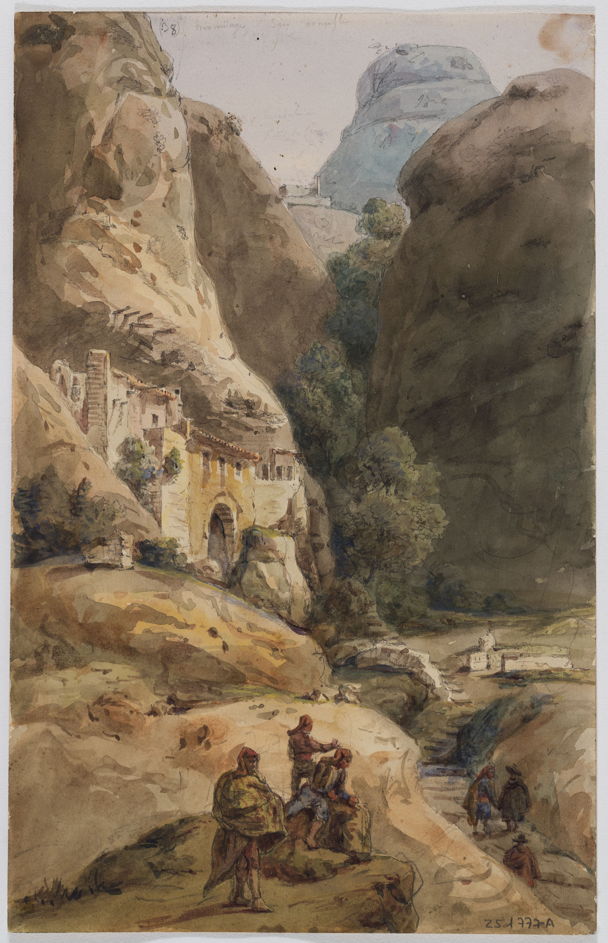 image for: Adolphe Hedwige Alphonse Delamare - Ermita de Sant Onofre a Montserrat (anvers) / Apunts de vaixells i figures (revers) - Setembre de 1826