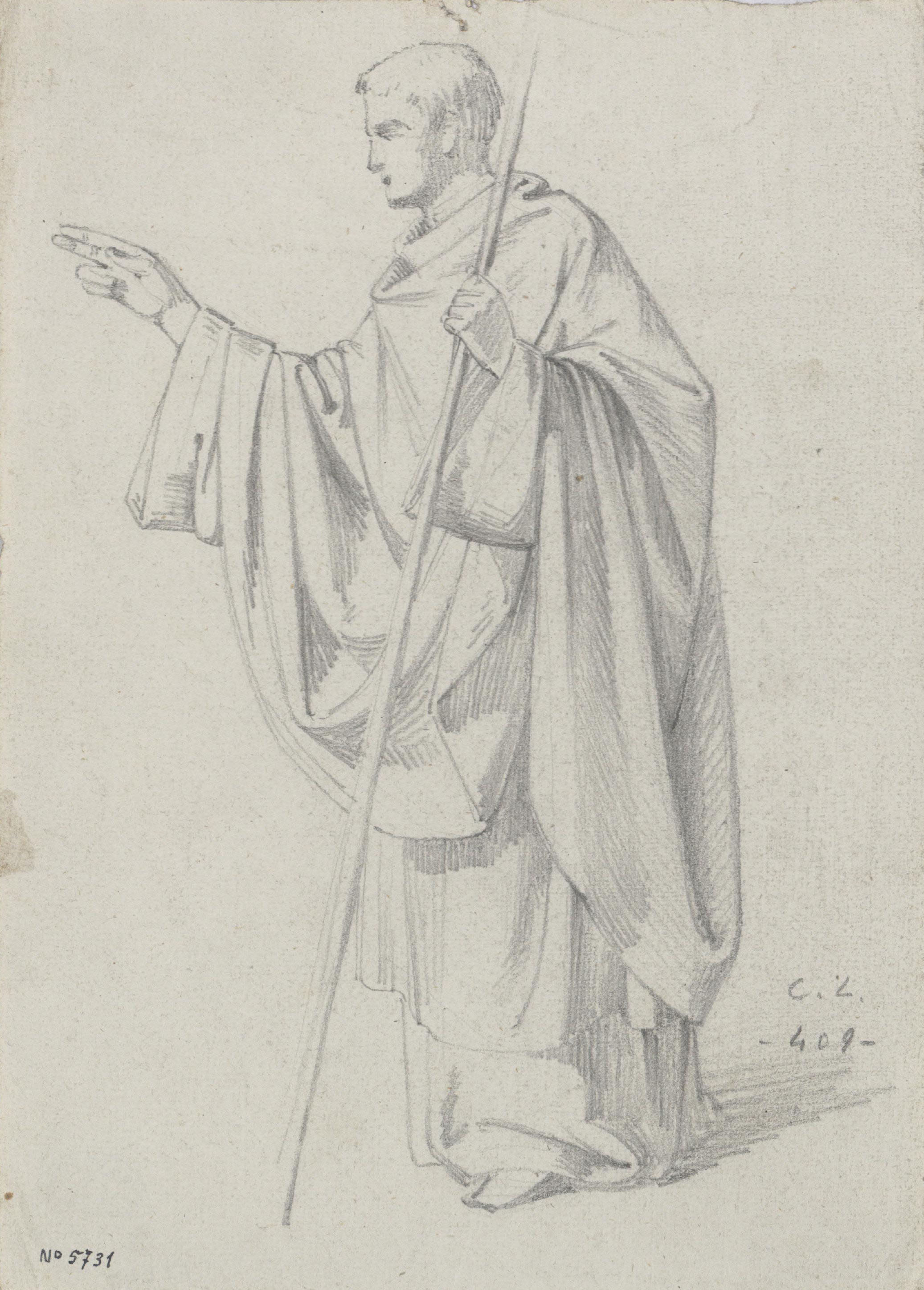 image for: Claudi Lorenzale - Home vestit amb una túnica i un bastó a la mà - Cap a 1850-1870