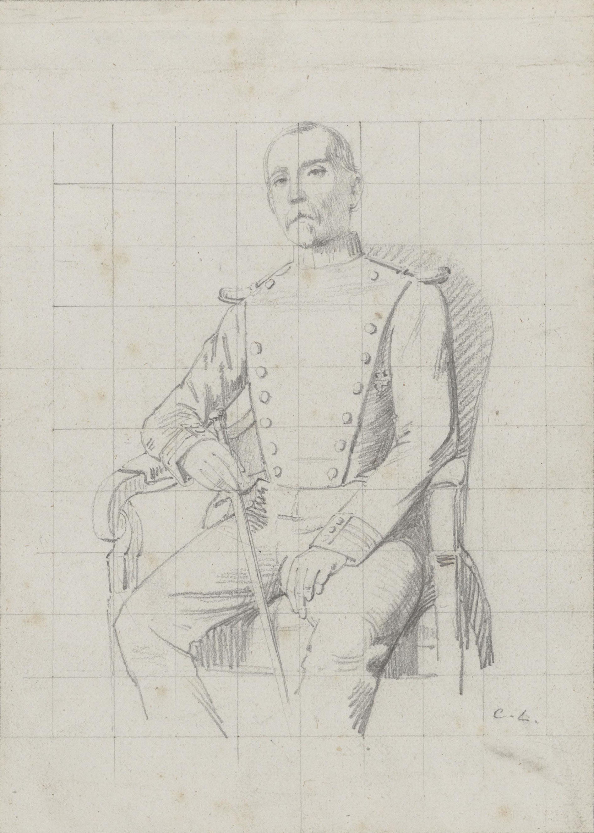 image for: Claudi Lorenzale - Retrat de militar (anvers) / Croquis d&#039;element arquitectònic (revers) - Cap a 1860-1880