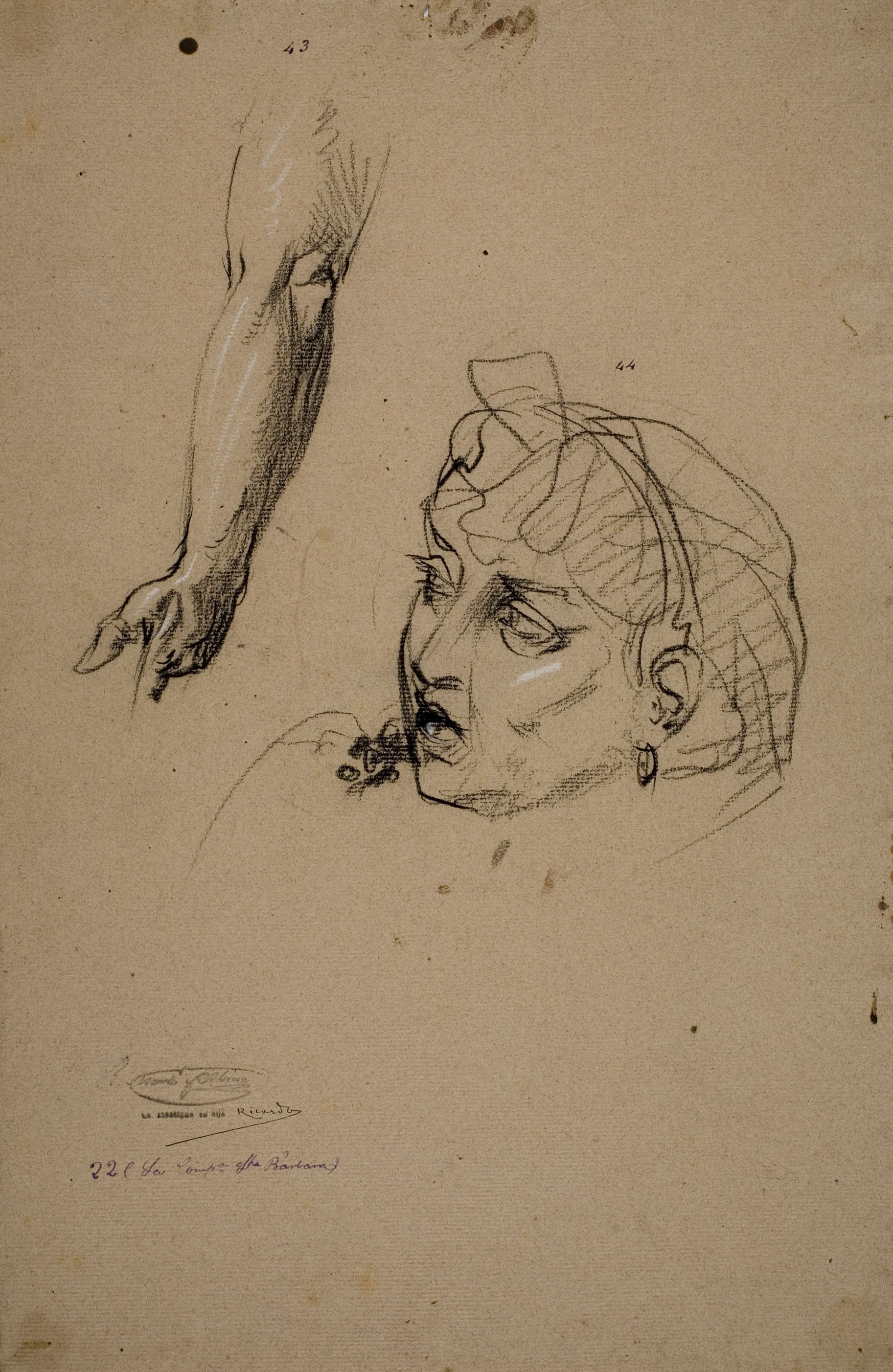 image for: Ramon Martí i Alsina - Estudi de braç i cap de dona per al quadre «La companyia de Santa Bàrbara» - Cap a 1891