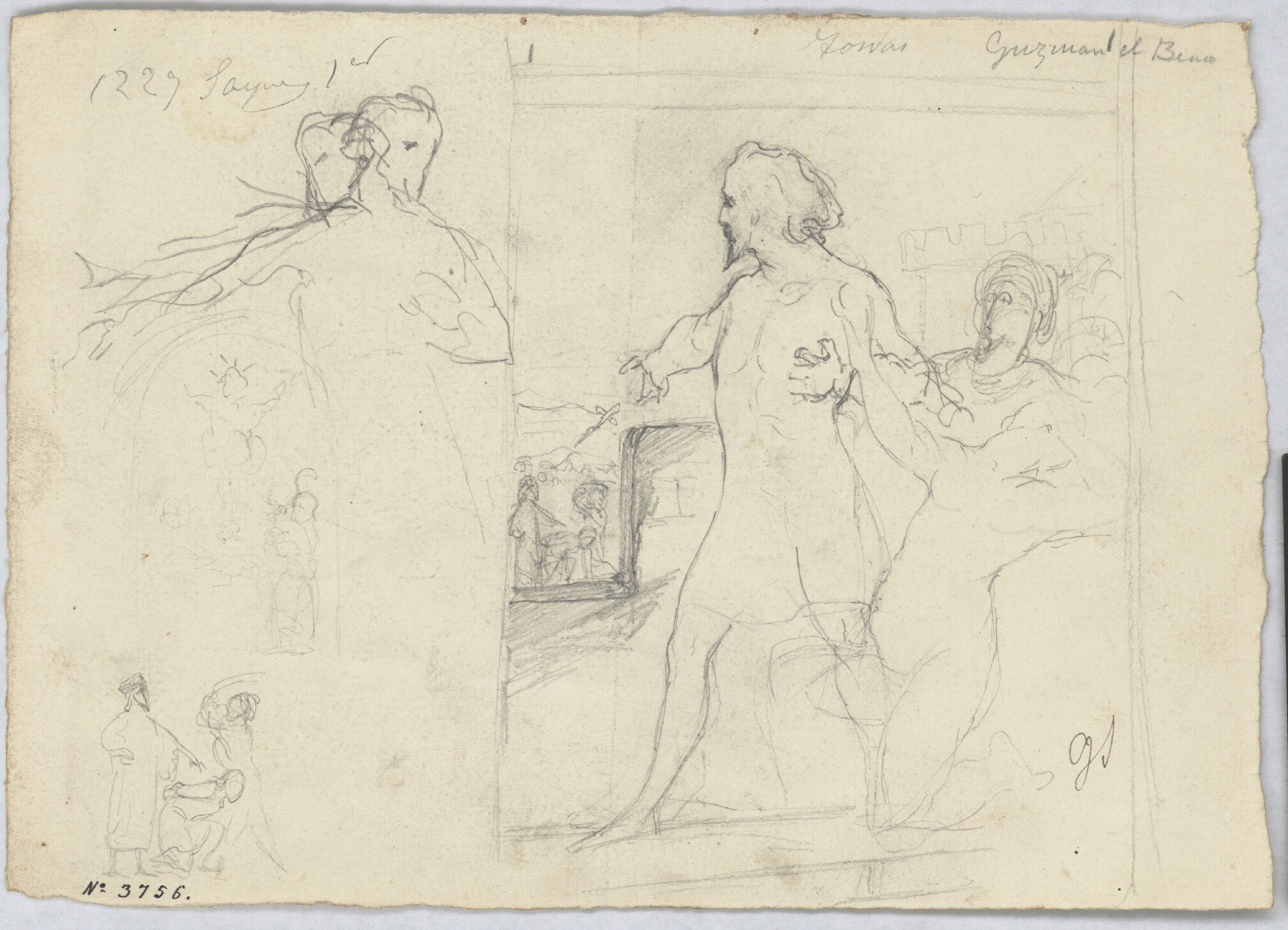 image for: Francesc Torras - Guzmán el Bueno, llançant el punyal (anvers) / Croquis d&#039;una escena històrica (revers) - Cap a 1860-1876