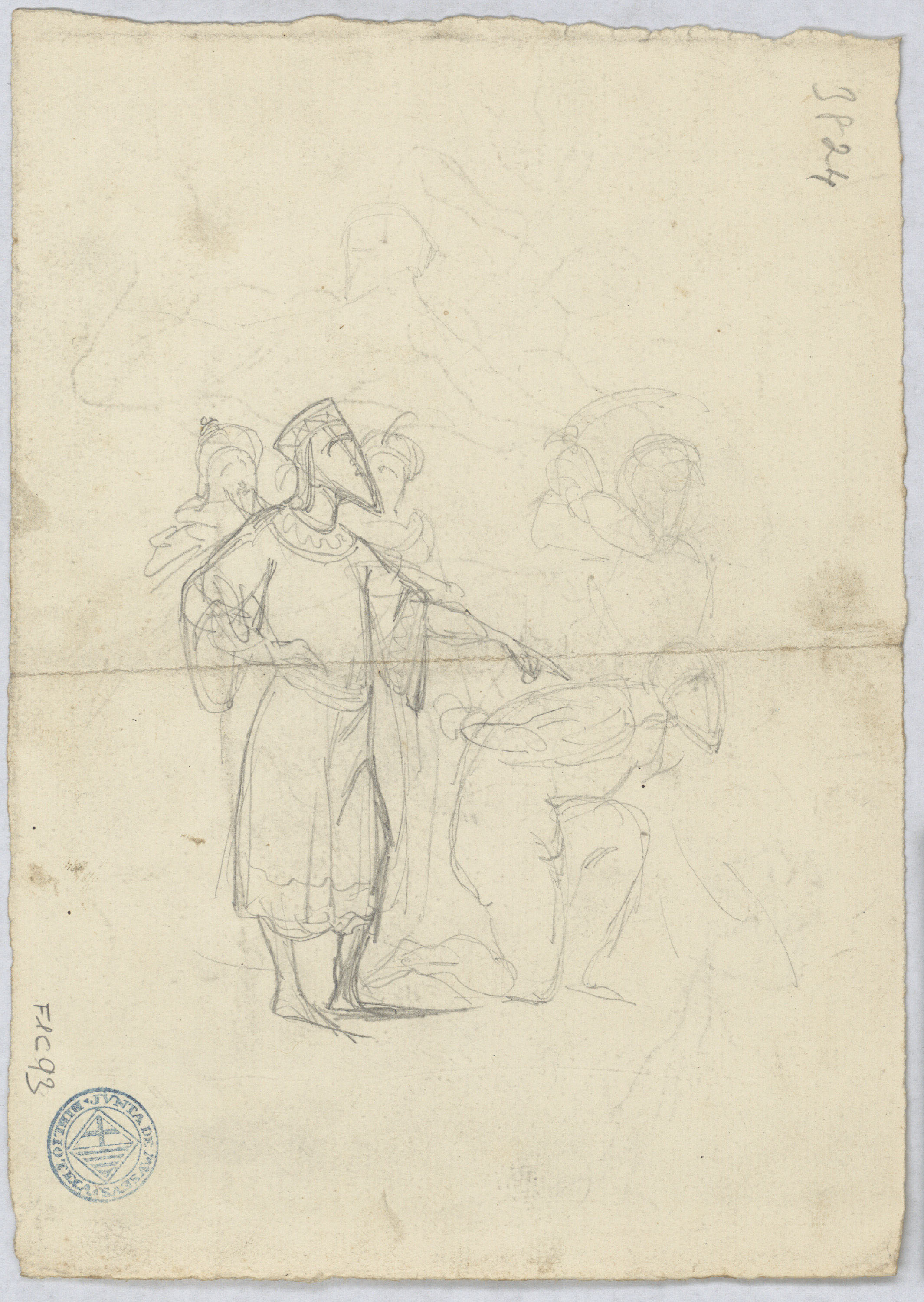 image for: Francesc Torras - Guzmán el Bueno, llançant el punyal (anvers) / Croquis d&#039;una escena històrica (revers) - Cap a 1860-1876 [1]