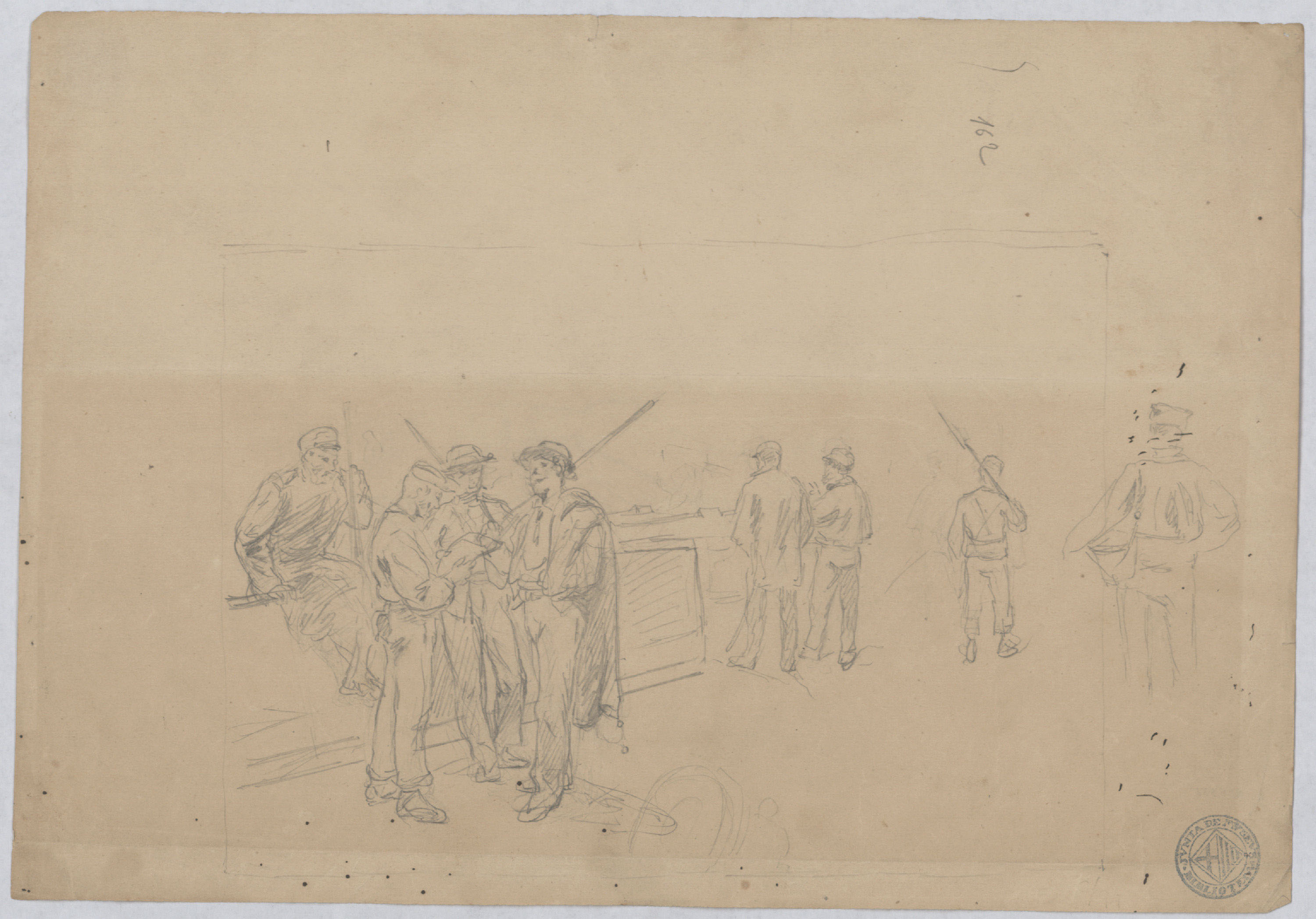 image for: Josep Lluís Pellicer - Apunts de soldats (anvers) / Apunt de paisatge (revers) - Cap a 1872-1876