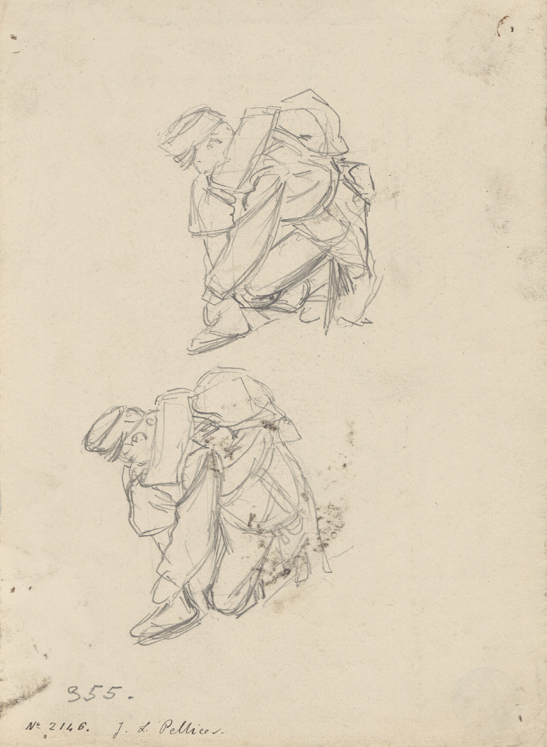 image for: Josep Lluís Pellicer - Apunts de soldat (anvers) / Croquis de nu masculí (revers) - Cap a 1872-1876
