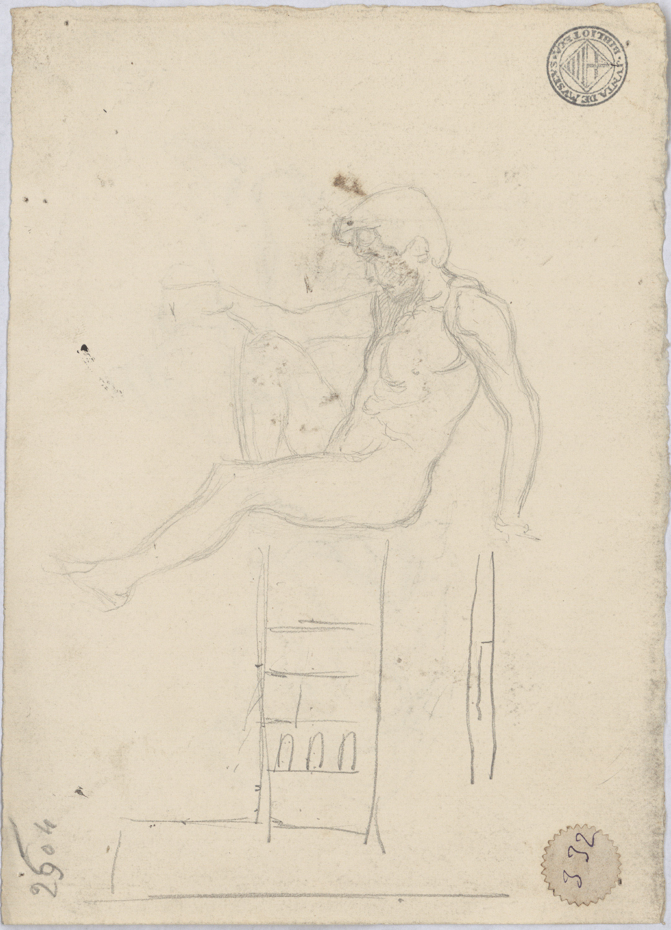 image for: Josep Lluís Pellicer - Apunts de soldat (anvers) / Croquis de nu masculí (revers) - Cap a 1872-1876 [1]