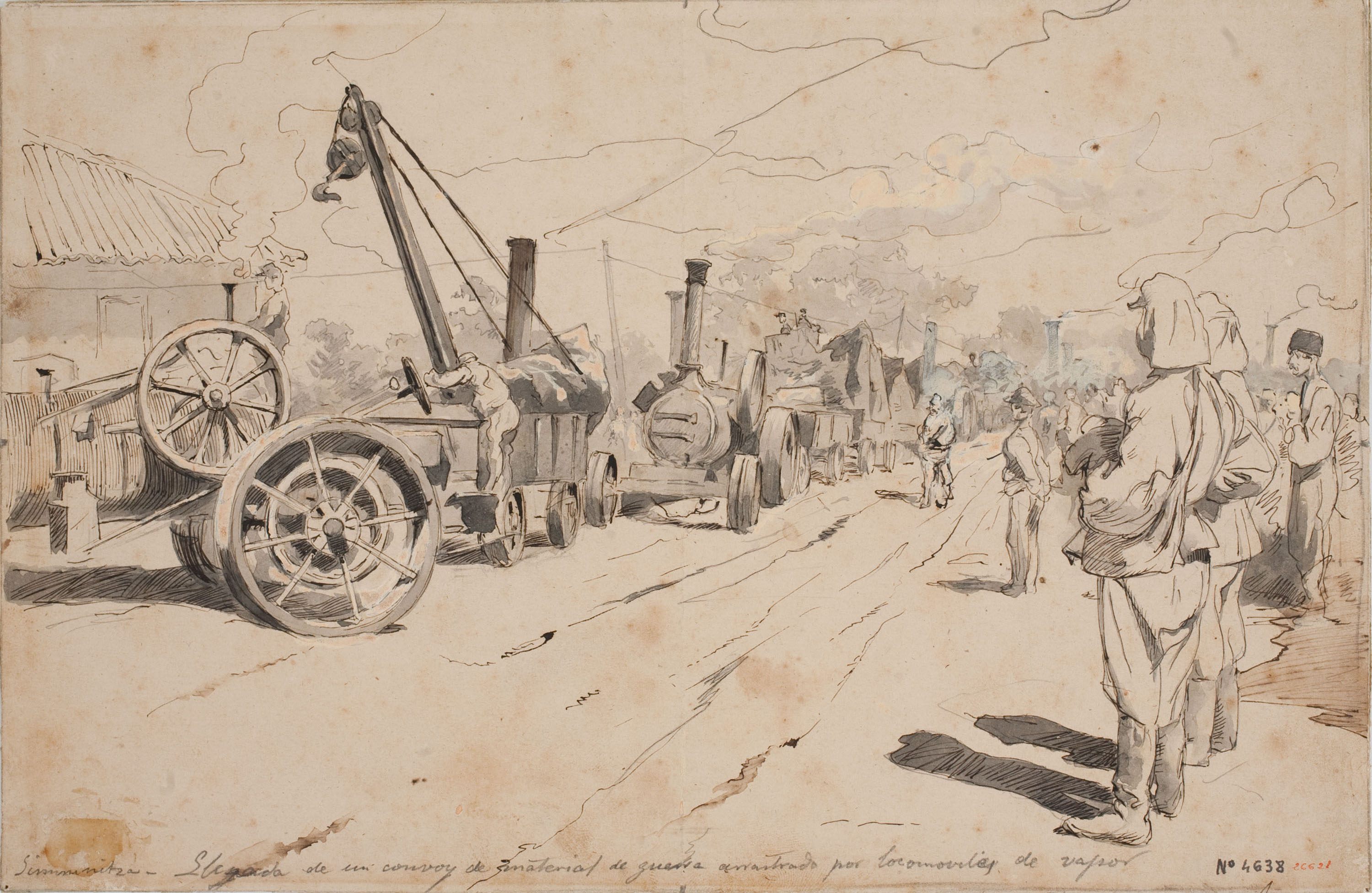image for: Josep Lluís Pellicer - Simnitza. Llegada de un convoy de material de guerra arrastrado por locomoviles de vapor - 1877