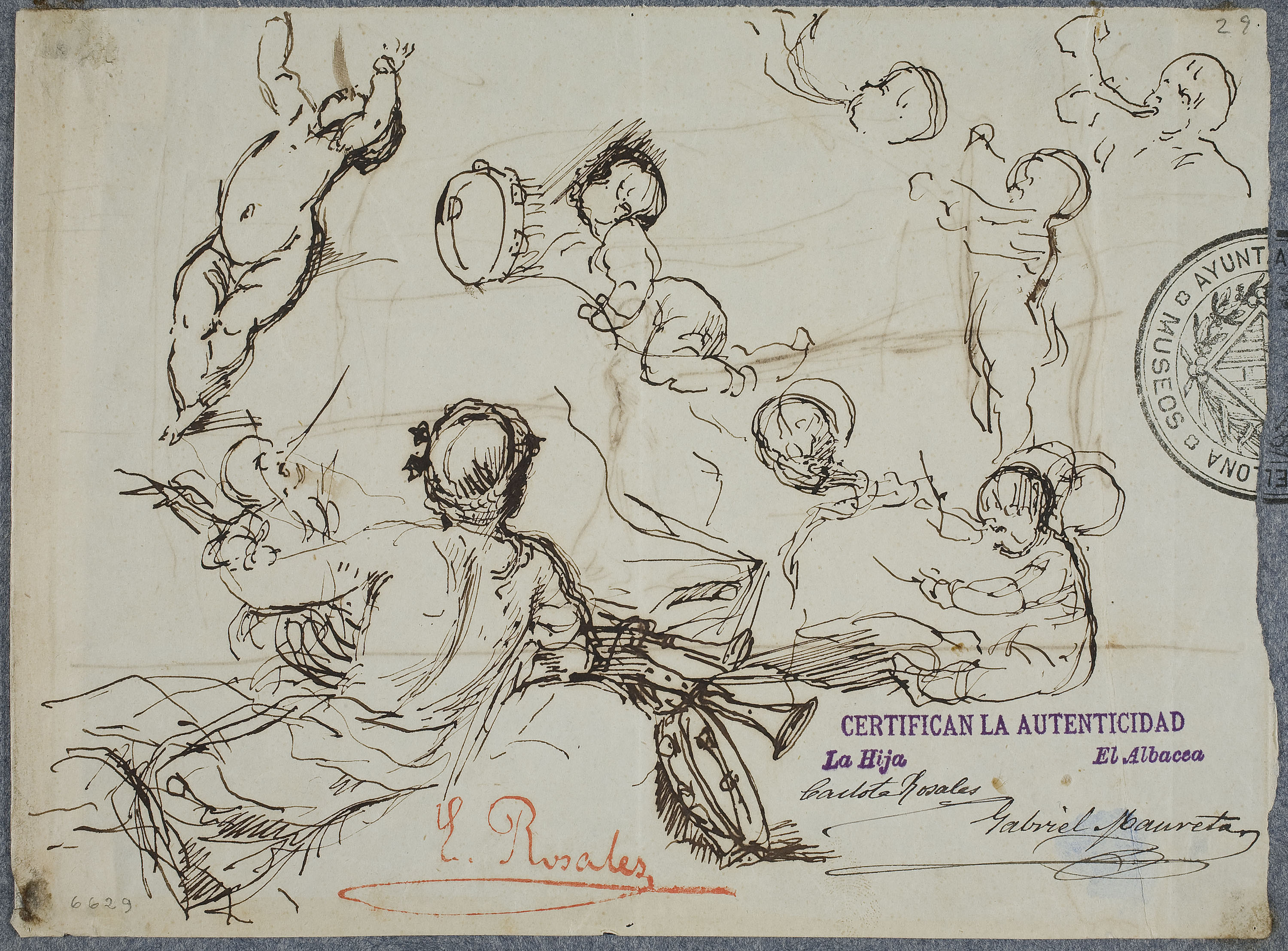 image for: Eduardo Rosales - Estudi per a l&#039;Al·legoria de la Música del sostre del palau dels marquesos de Portugalete (Madrid) (anvers) / Apunt d&#039;Ofèlia en un clar de bosc. Apunt per al quadre &quot;Hamlet... - Cap a 1870