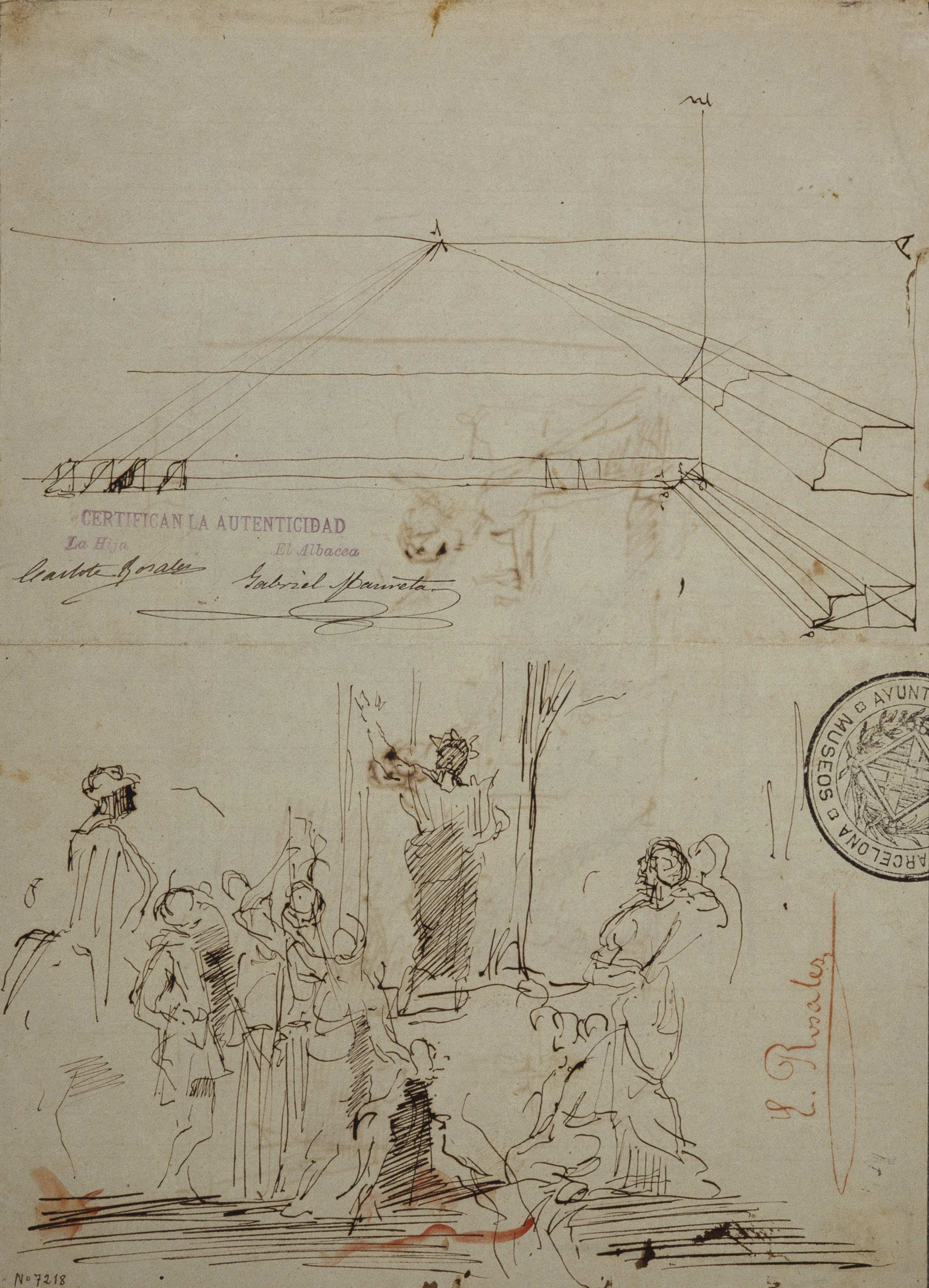 image for: Eduardo Rosales - Motllures en perspectiva i Homer al Parnàs (anvers) / Duel entre dos cavallers en un banquet (revers) - Cap a 1868-1869