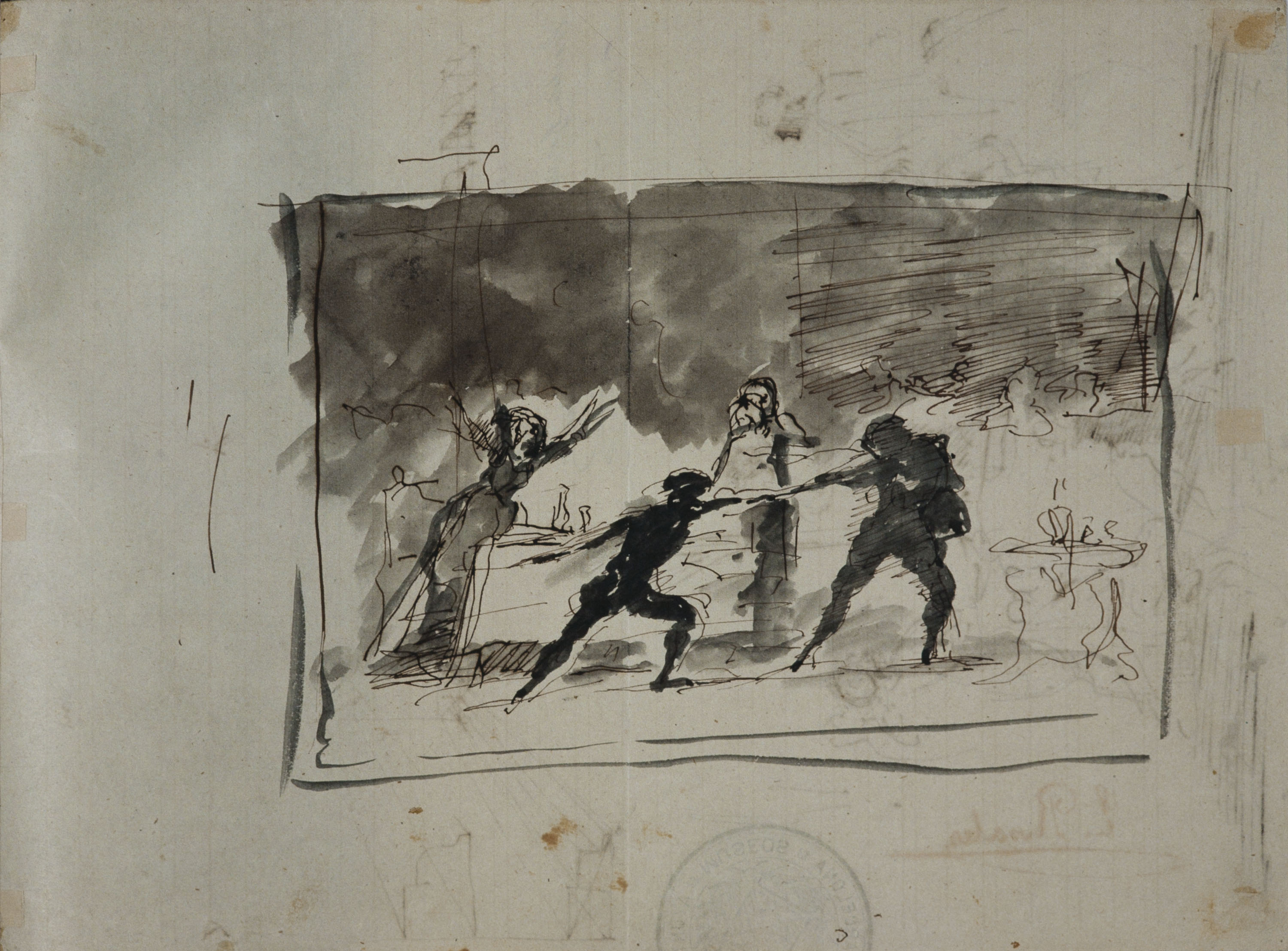 image for: Eduardo Rosales - Motllures en perspectiva i Homer al Parnàs (anvers) / Duel entre dos cavallers en un banquet (revers) - Cap a 1868-1869 [1]
