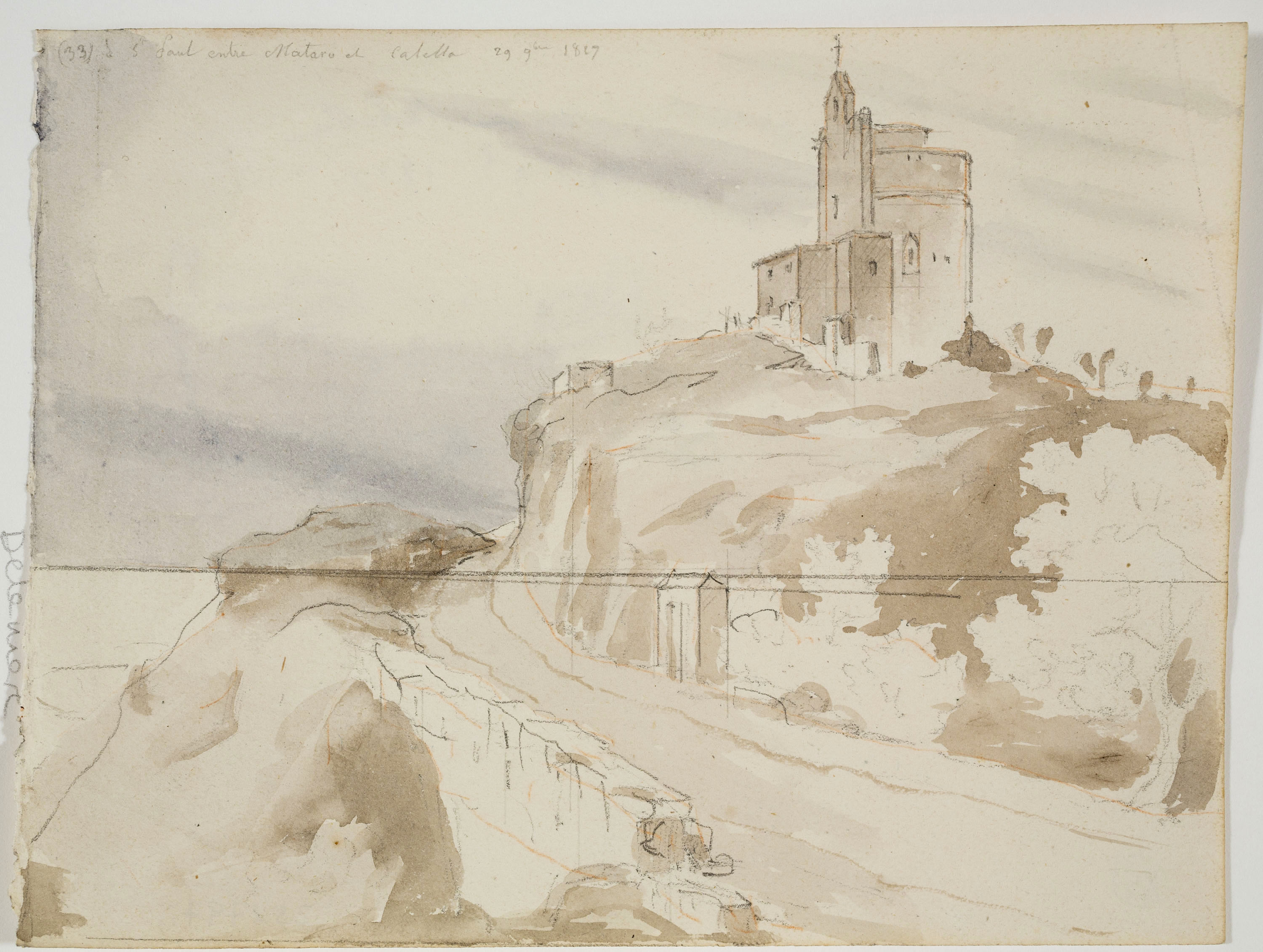 image for: Adolphe Hedwige Alphonse Delamare - Ermita de Sant Pau a Sant Pol de Mar (anvers) / Apunt de barques (revers) - 29 de novembre de 1827