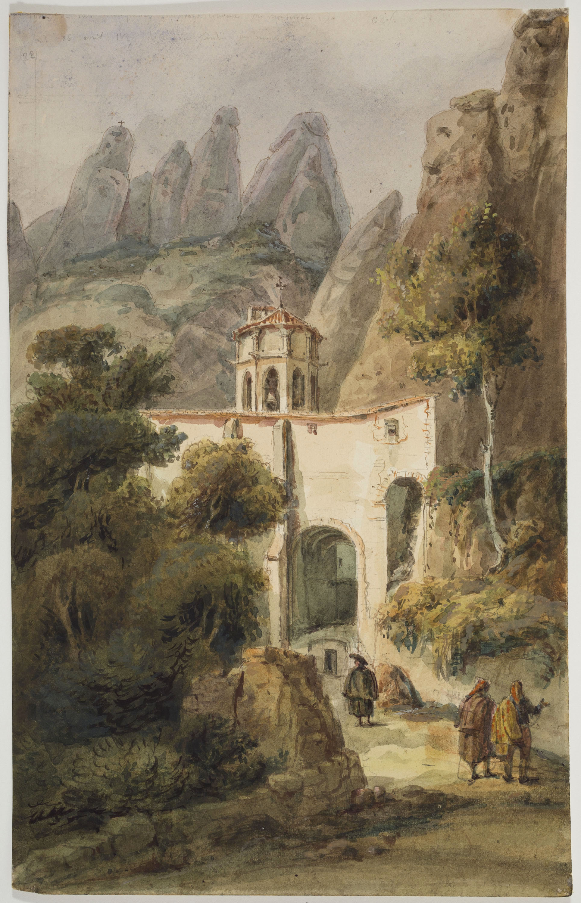 image for: Adolphe Hedwige Alphonse Delamare - Entrada al Monestir de Santa Maria de Montserrat (anvers) / Apunts d&#039;embarcacions i pescadors feinejant (revers) - Dijous 26 d’abril de 1827