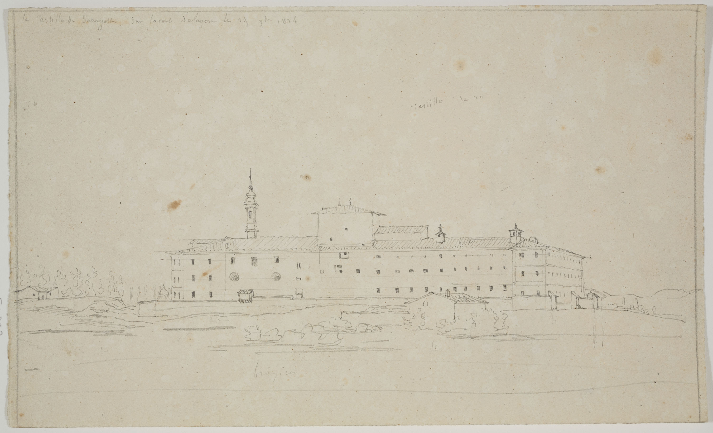image for: Adolphe Hedwige Alphonse Delamare - Vista del castell de Saragossa des de l‘Ebre - 19 novembre 1824