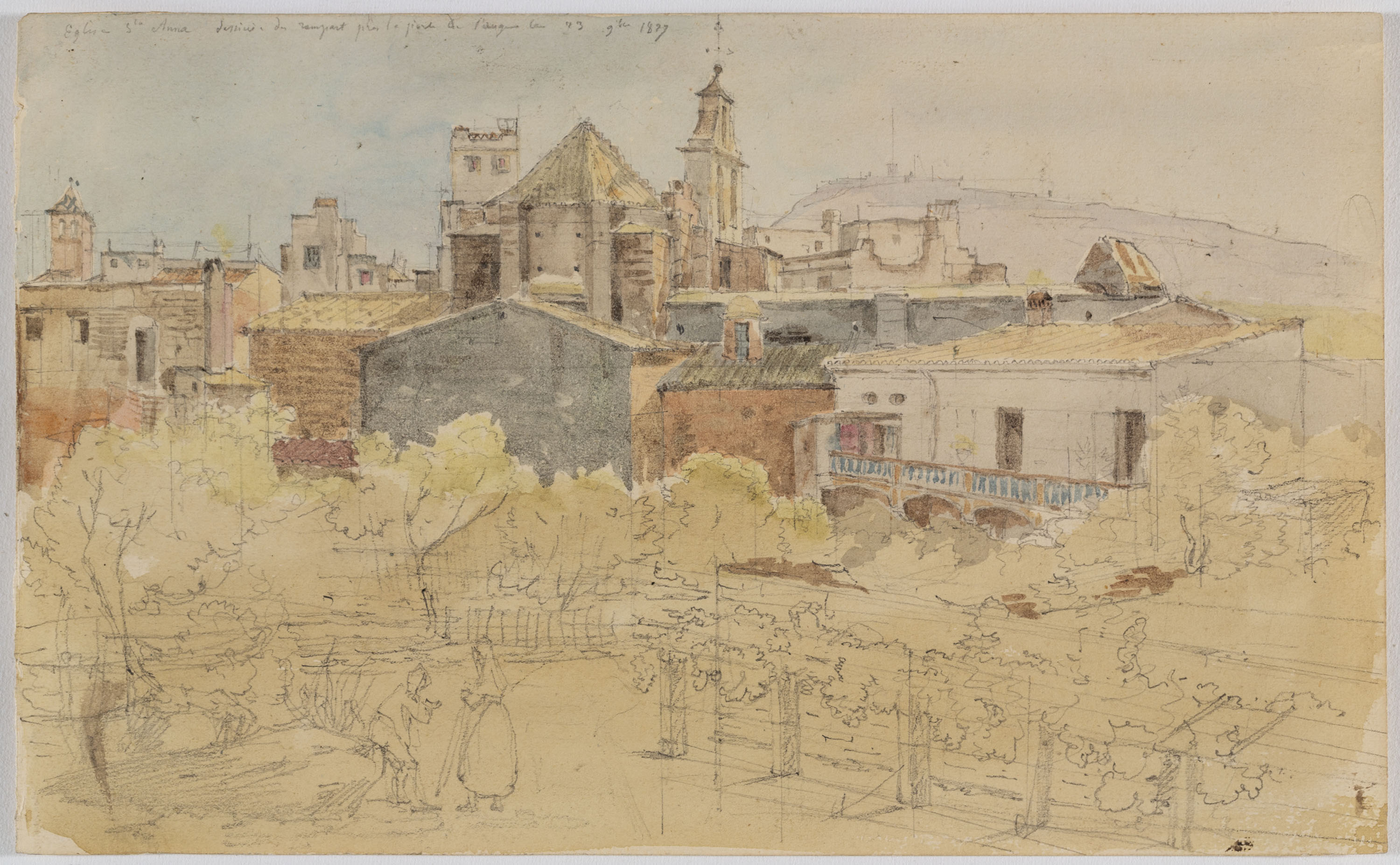 image for: Adolphe Hedwige Alphonse Delamare - Vista de l&#039;església col·legiata de Santa Anna des de la muralla a Barcelona - 23 de novembre de 1827
