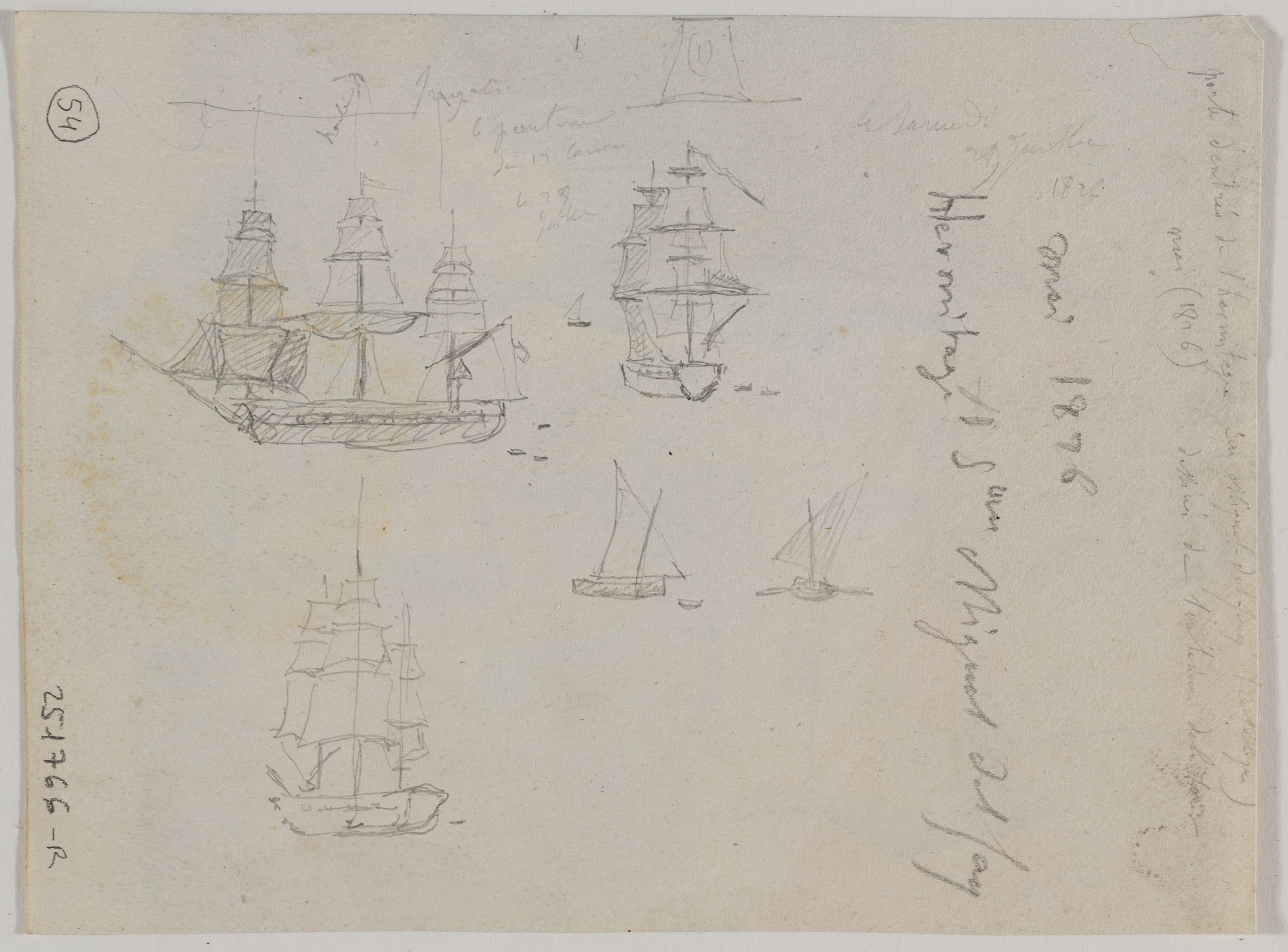 image for: Adolphe Hedwige Alphonse Delamare - Porta d’entrada a l’antiga ermita de Sant Miquel al Monestir de Sant Miquel del Fai (anvers) / Apunts de vaixells (revers) - Maig de 1826 [1]