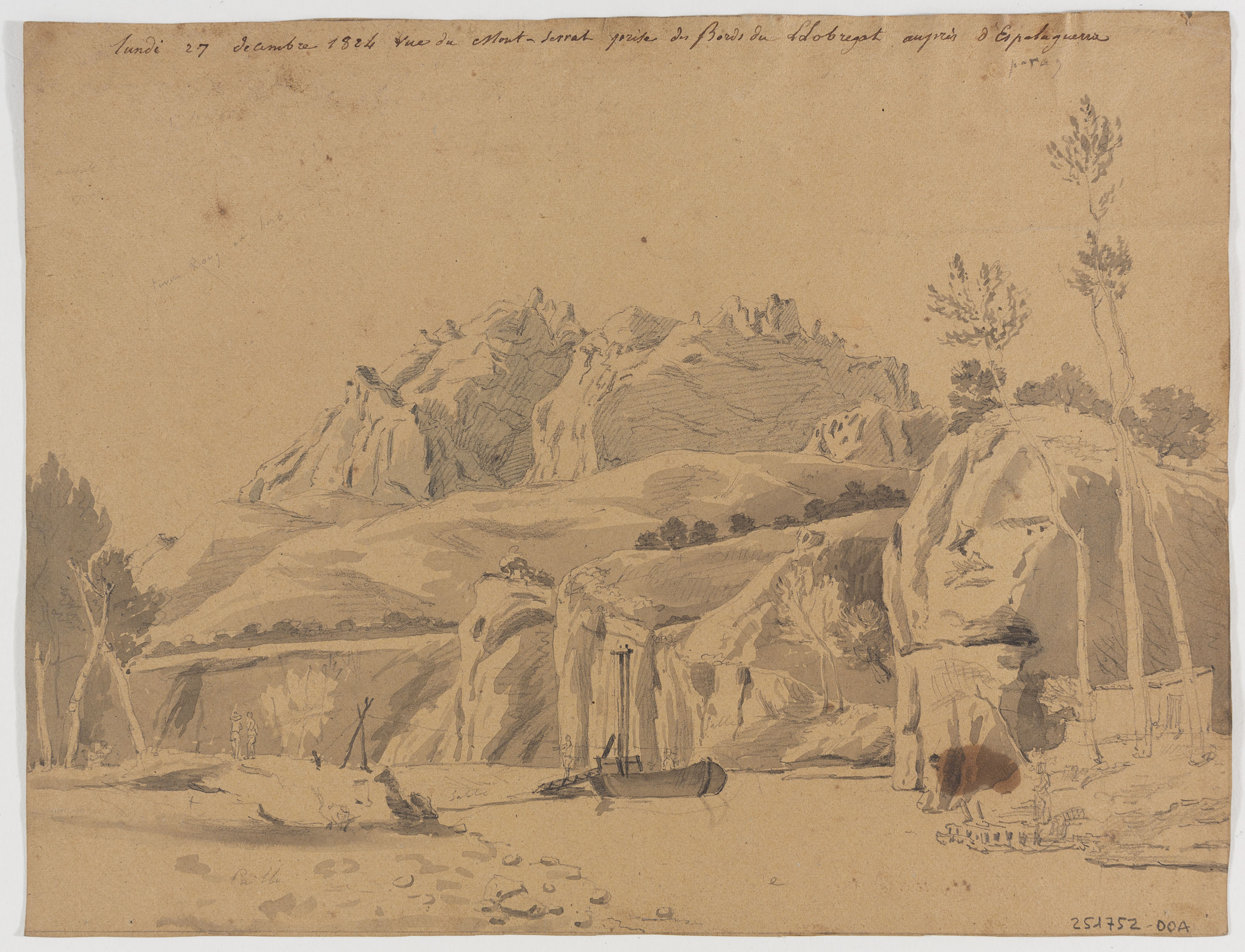 image for: Adolphe Hedwige Alphonse Delamare - Vista de Montserrat des del Llobregat a prop d’Esparreguera (anvers) / Restes d&#039;una acadèmia (revers) - Dilluns 27 de desembre de 1824