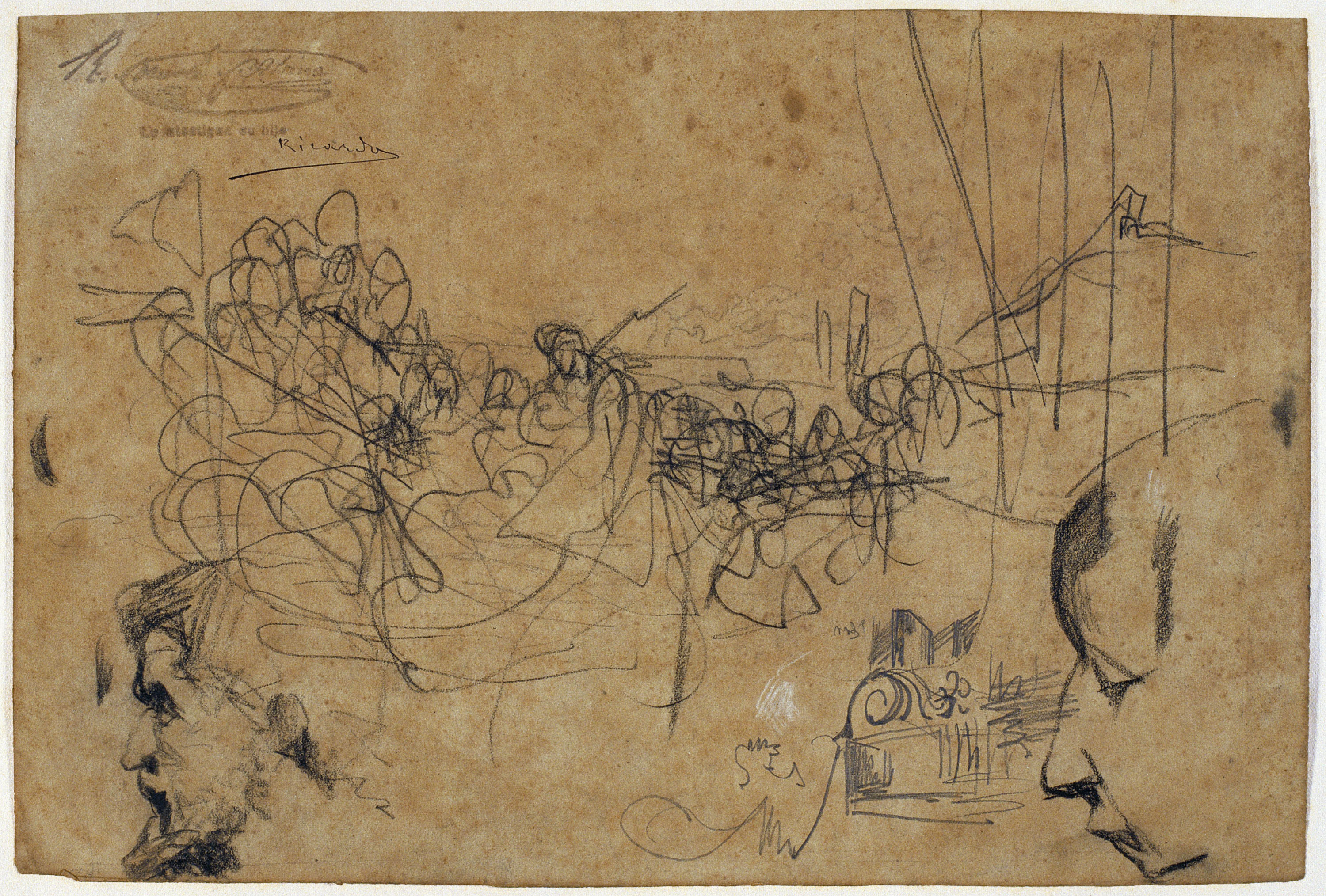 image for: Ramon Martí i Alsina - Estudi compositiu per al quadre &quot;El gran dia de Girona&quot; i dos rostres de perfil - Cap a 1863-1864