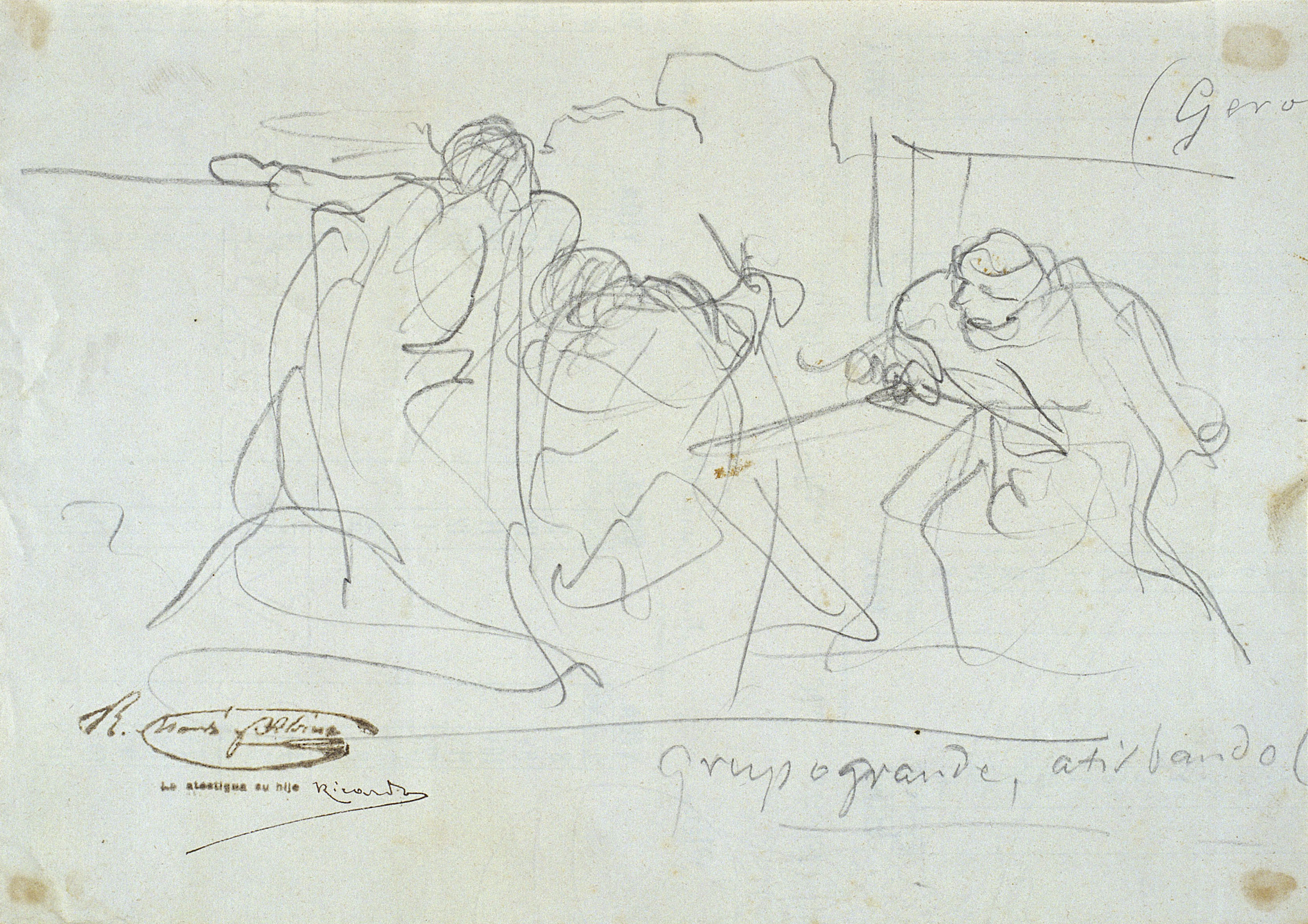 image for: Ramon Martí i Alsina - Esbós de tres soldats per al quadre &quot;El gran dia de Girona&quot; - Cap a 1863-1864