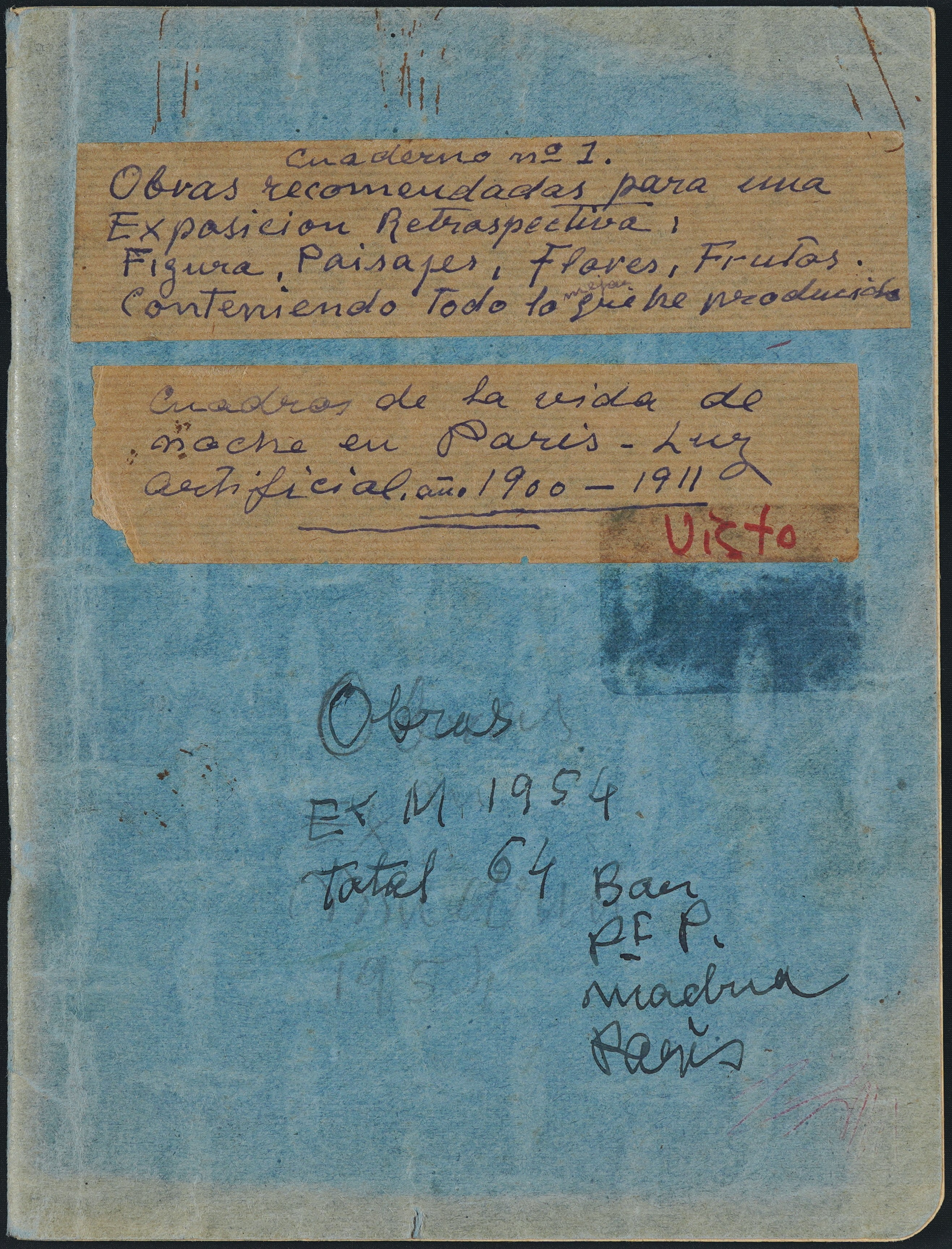 [Quadern blau] Quadern núm. 1. Obres recomanades per a una exposició retrospectiva: figura, paisatges, flors, fruits. Contenint el millor que he produït… AMNAC. Fons Hermen Anglada Camarasa
