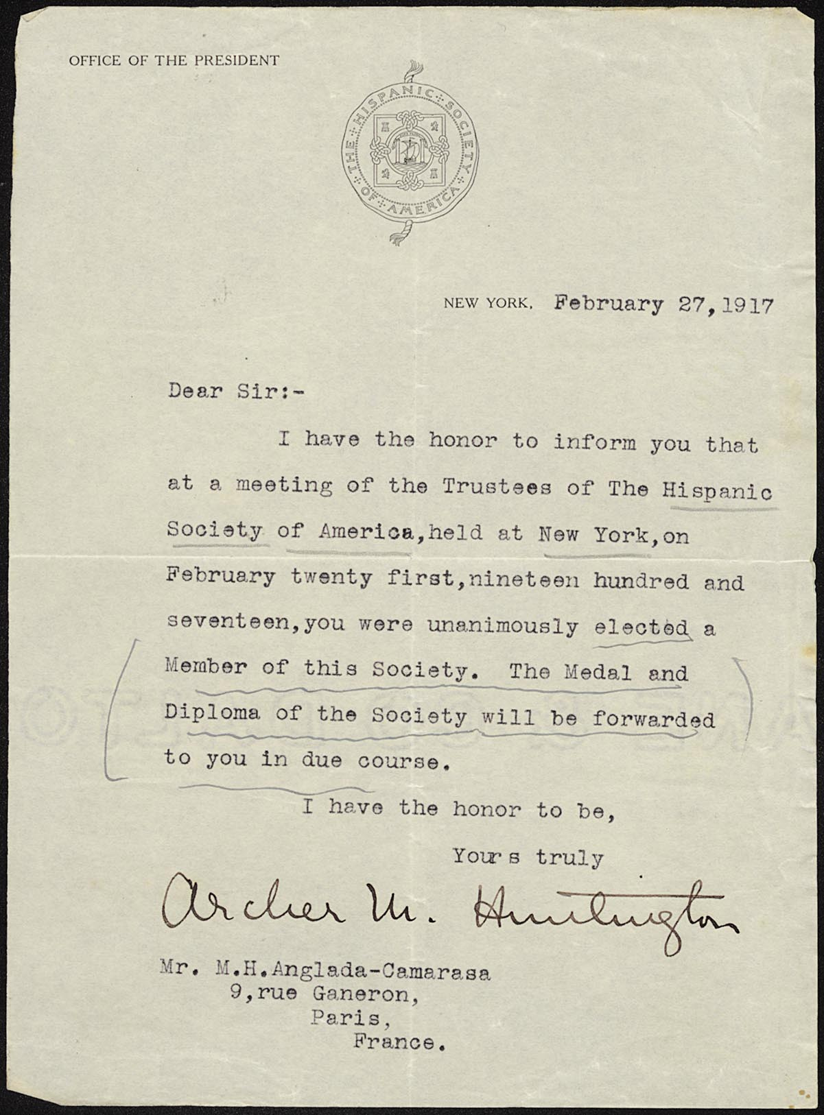 Comunicació d’Archer M. Huntington de nomenament com a membre de The Hispanic Society of America, Nova York, 1917. AMNAC. Fons Hermen Anglada Camarasa
