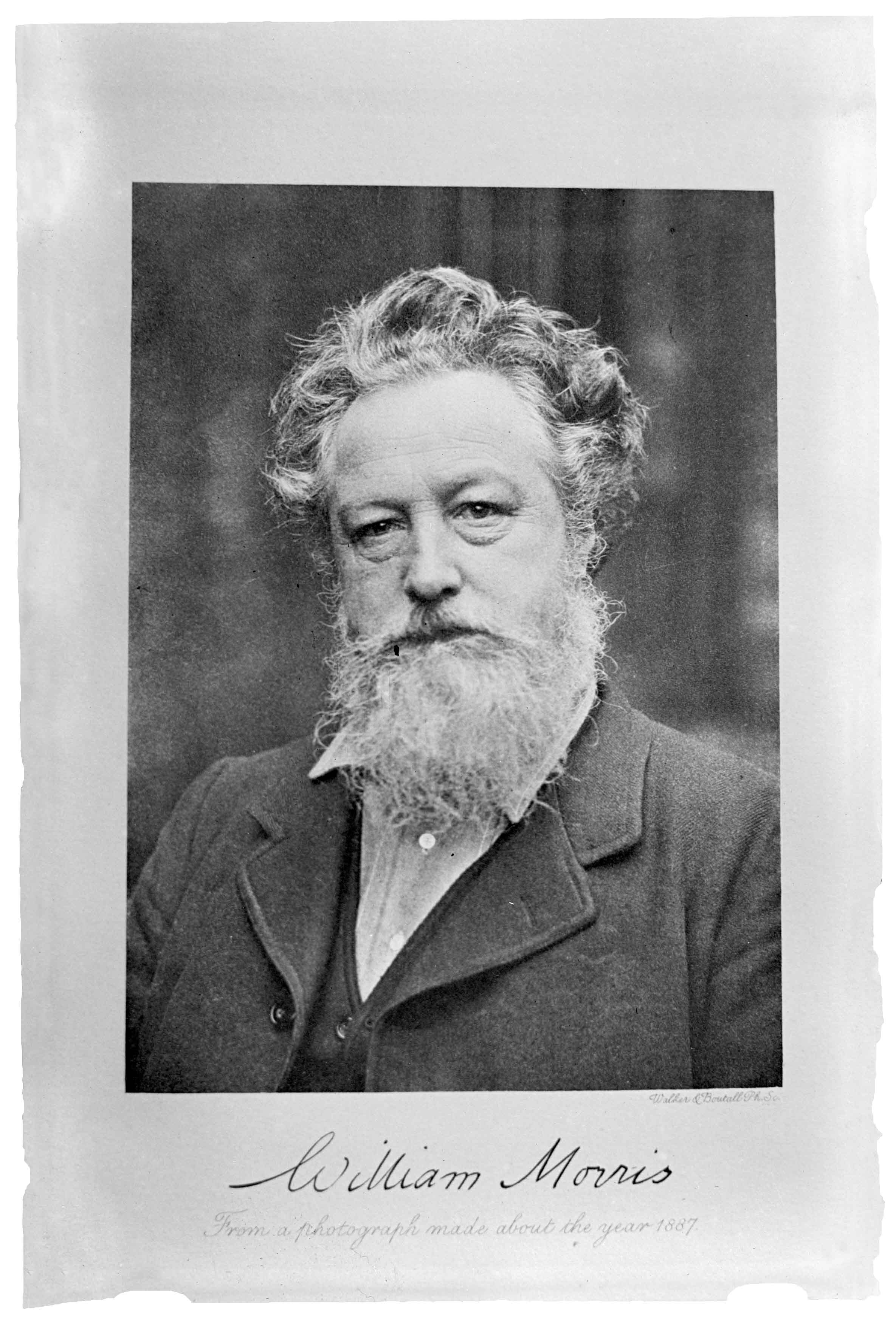 Retrat de William Morris. Fotografia de publicació desconeguda, reproducció del fotogravat de Walker &amp; Boutall, Ph. Soc. Londres, 1909 (sobre fotografia feta cap a 1887). Arxiu del Museo Nacional de Artes Decorativas, Madrid (negatiu sobre vidre FD11978)