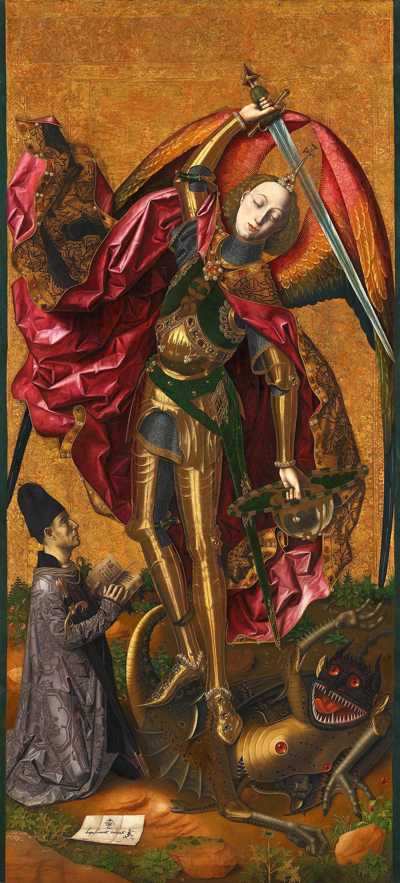 Bartolomé Bermejo. Sant Miquel triomfant sobre el dimoni amb el donant Antoni Joan, 1468. ©The National Gallery, London. Adquirit mitjançant acord privat amb una subvenció de l&#039;American Friends of the National Gallery de Londres, possible gràcies al Fons 