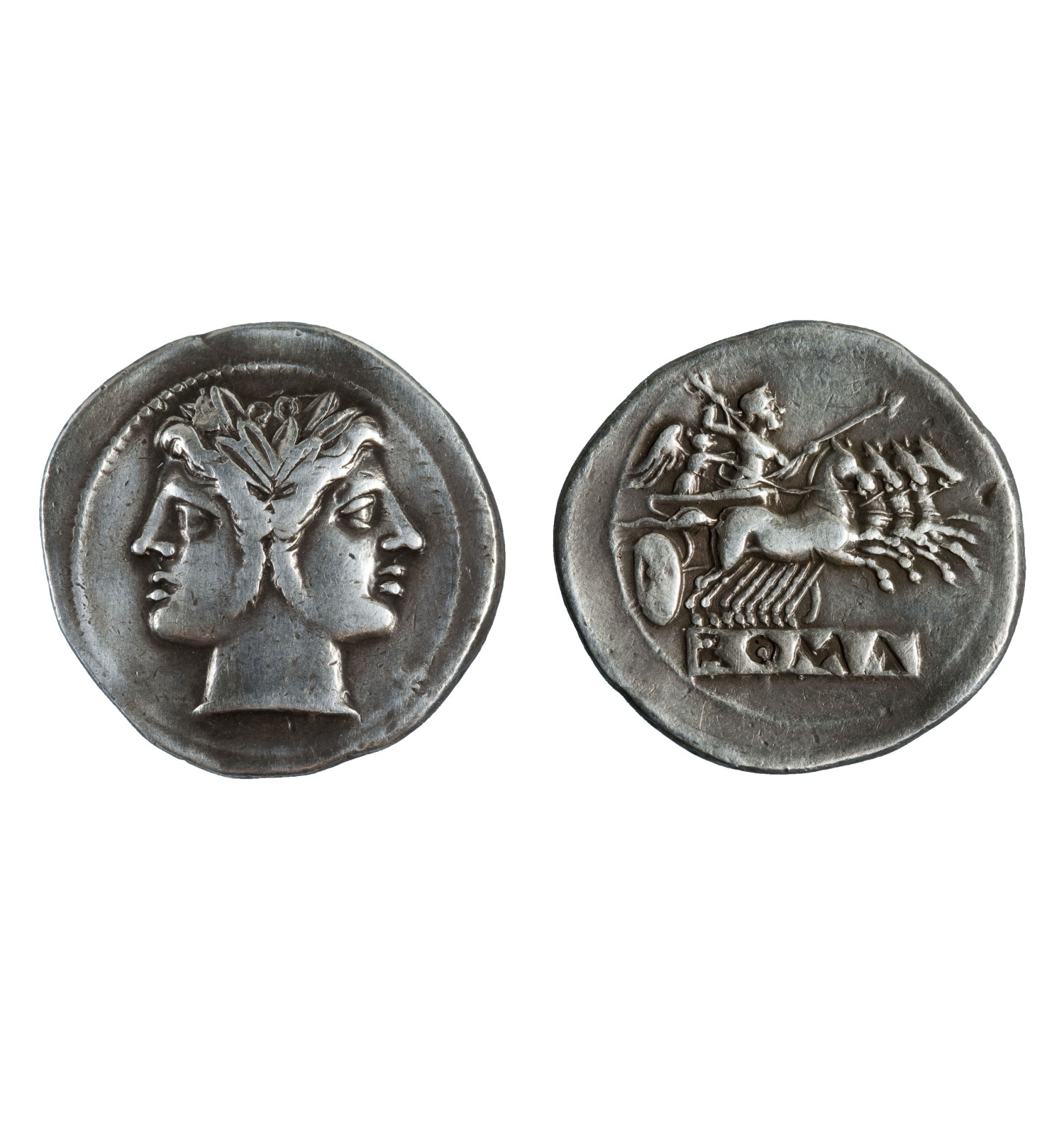 República romana, didracma de Roma, 225-212 a.C. Gabinet Numismàtic de Catalunya