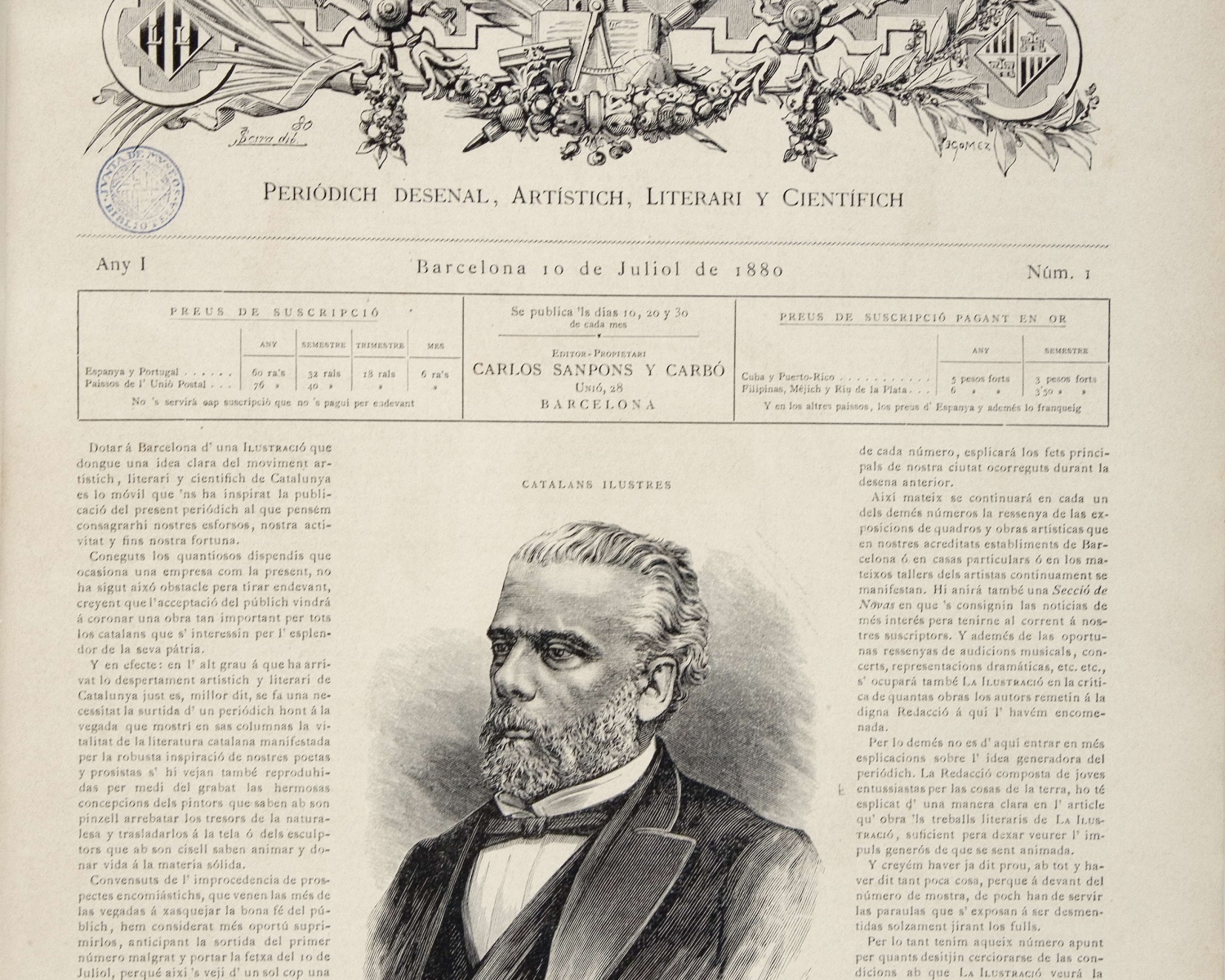 La Ilustració catalana. 10 jul. 1880, any 1, núm. 1. Barcelona, 1880-1917