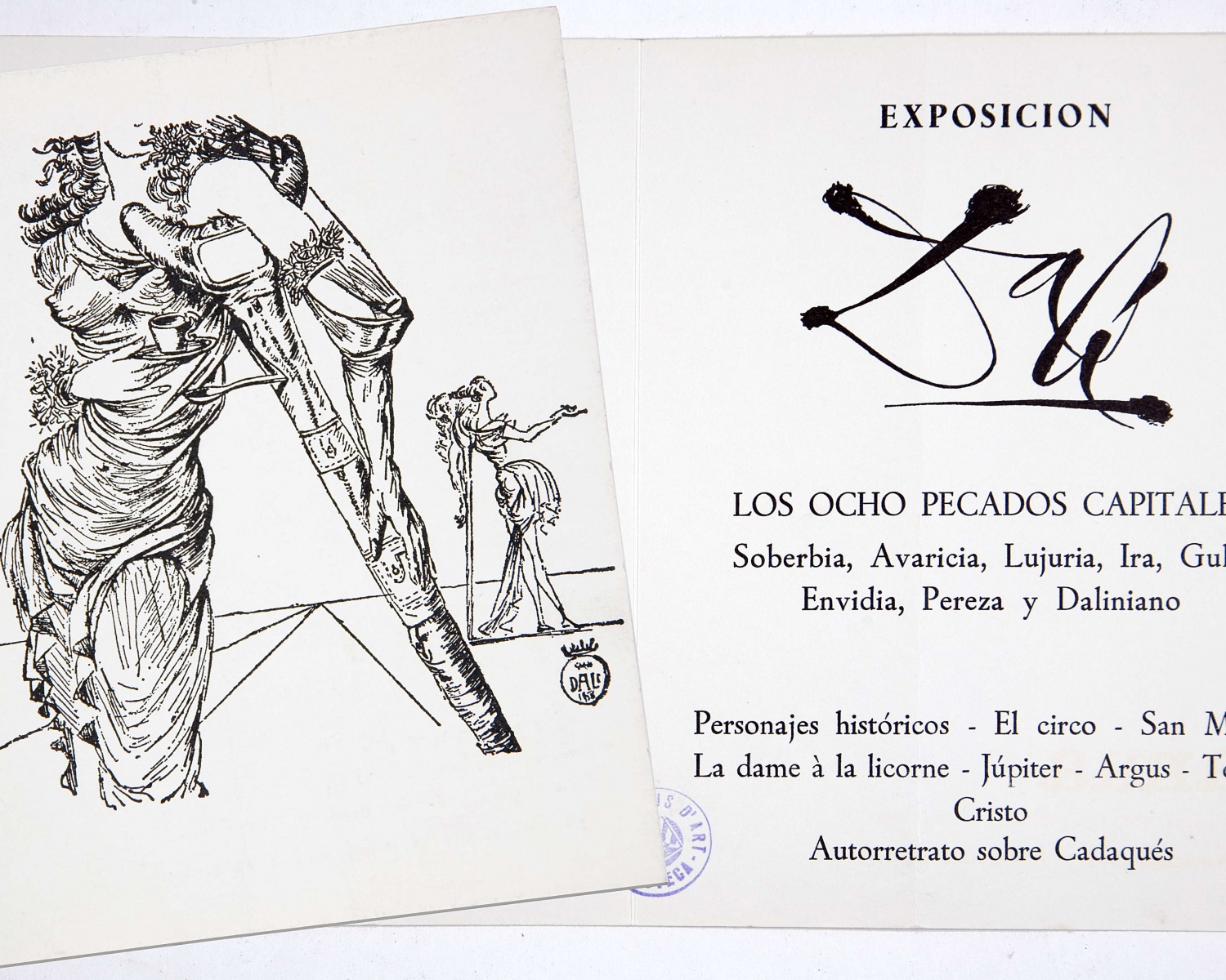 Dalí: exposición Los Ocho pecados capitales: soberbia, avaricia, lujuria, ira, gula, envidia, pereza y daliniano...: Ianua ... Barcelona, 16 noviembre al 7 diciembre de 1967