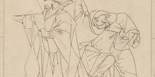 image for: Claudi Lorenzale - Tres homes vestits amb capa i barret - Cap a 1840-1850